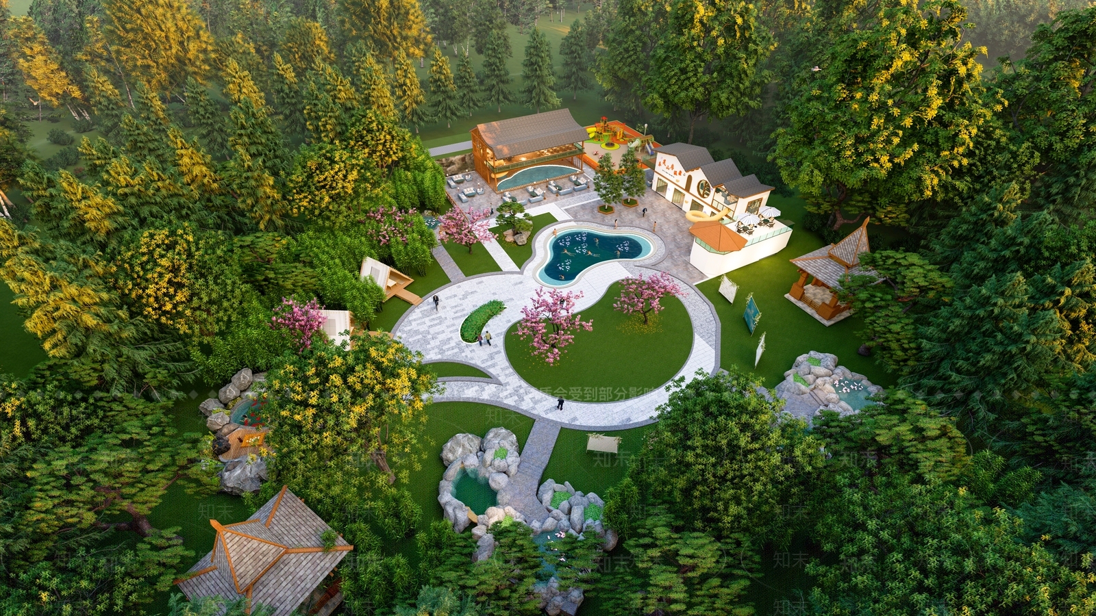 新中式温泉水景SU模型下载【ID:1130438732】