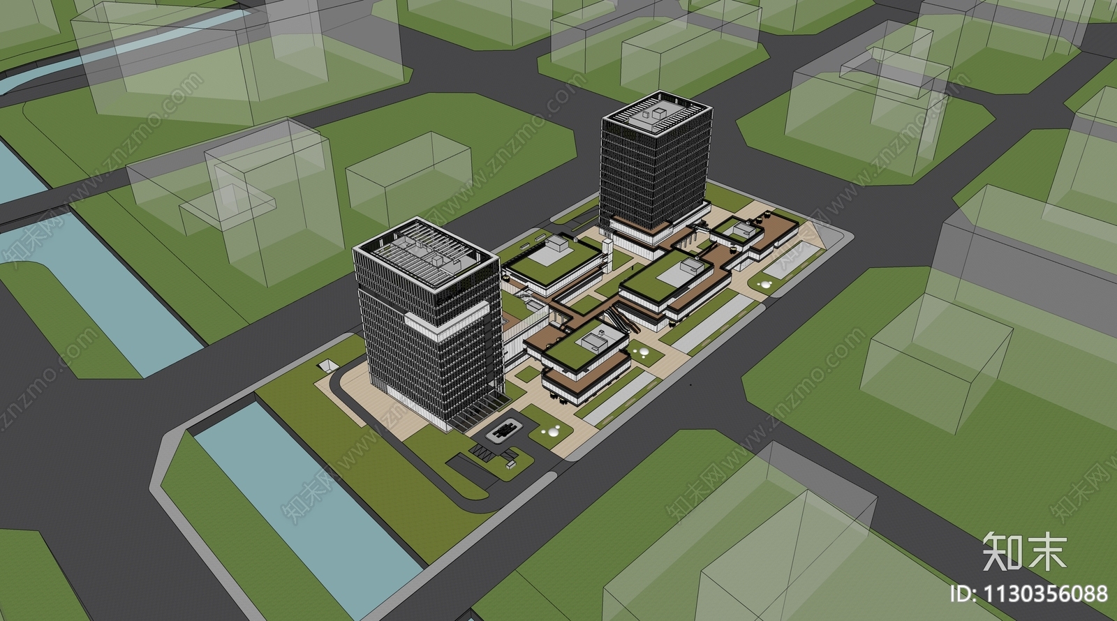 现代高层办公及裙房SU模型下载【ID:1130356088】
