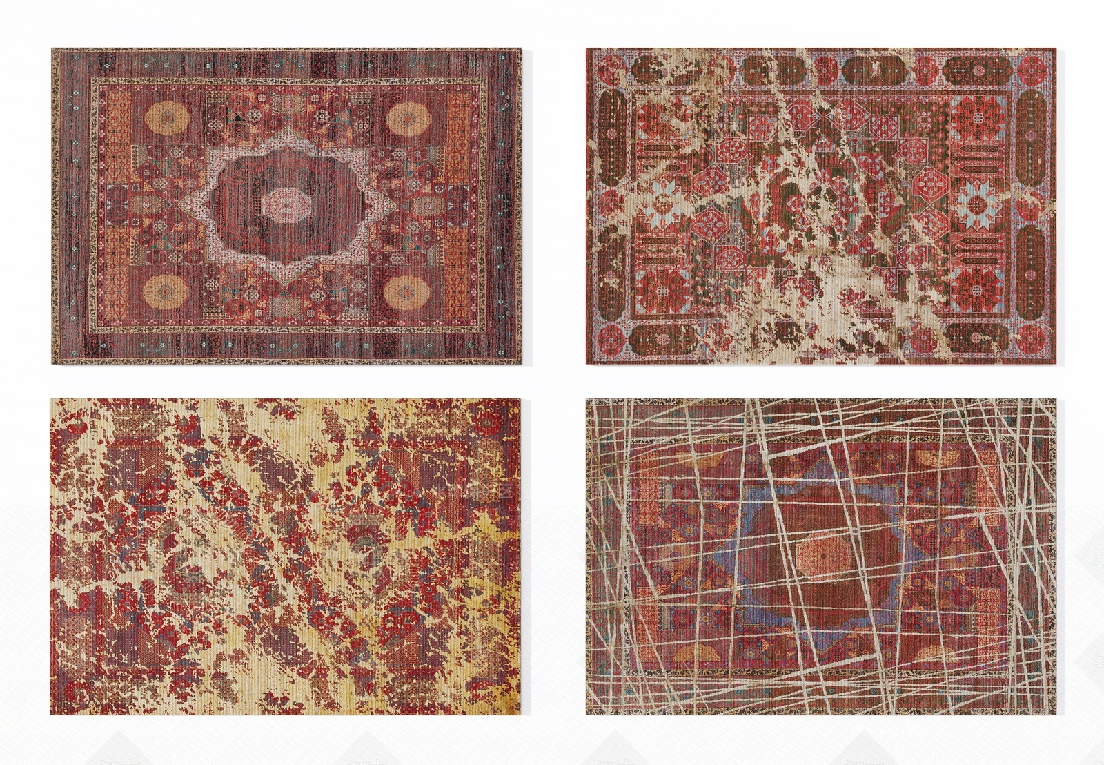 新古典深红色民族花纹图案地毯组合3D模型下载【ID:1130395097】