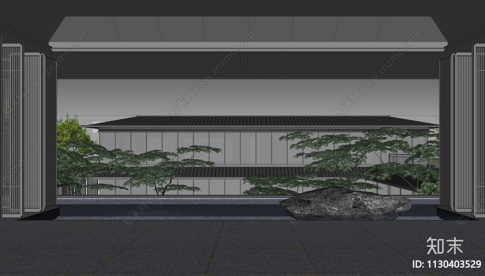 新中式示范区建筑效果图SU模型概念方案cad施工图下载【ID:1130403529】