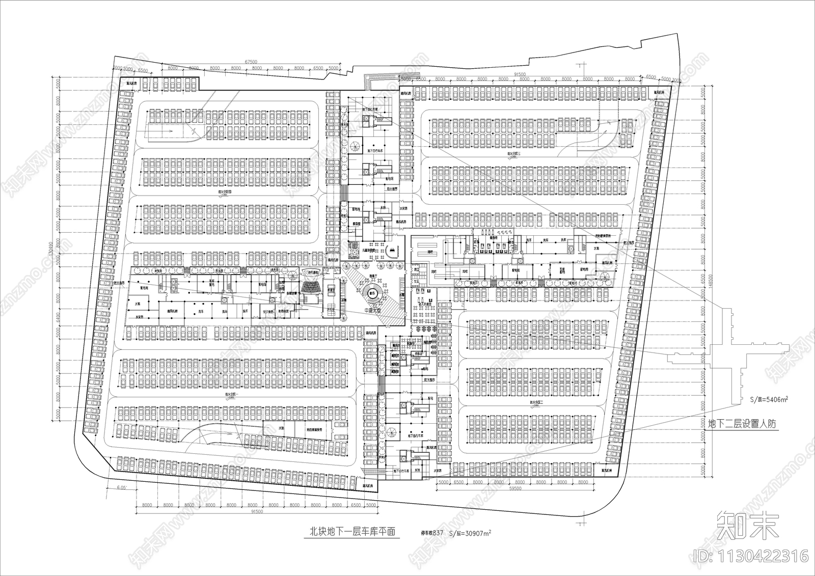 地下室车库平面图施工图下载【ID:1130422316】