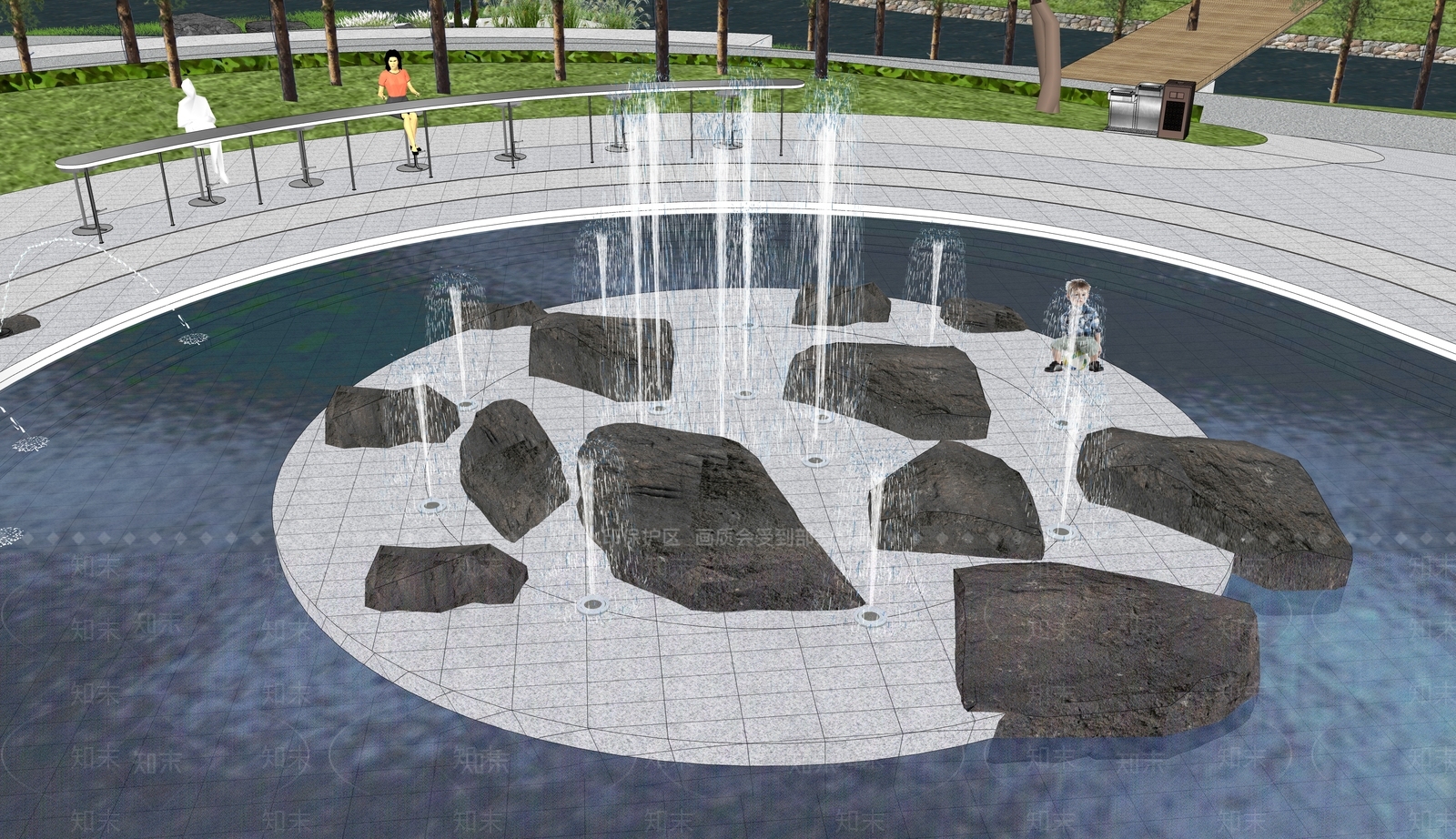 现代艺术喷泉景观SU模型下载【ID:1130423477】
