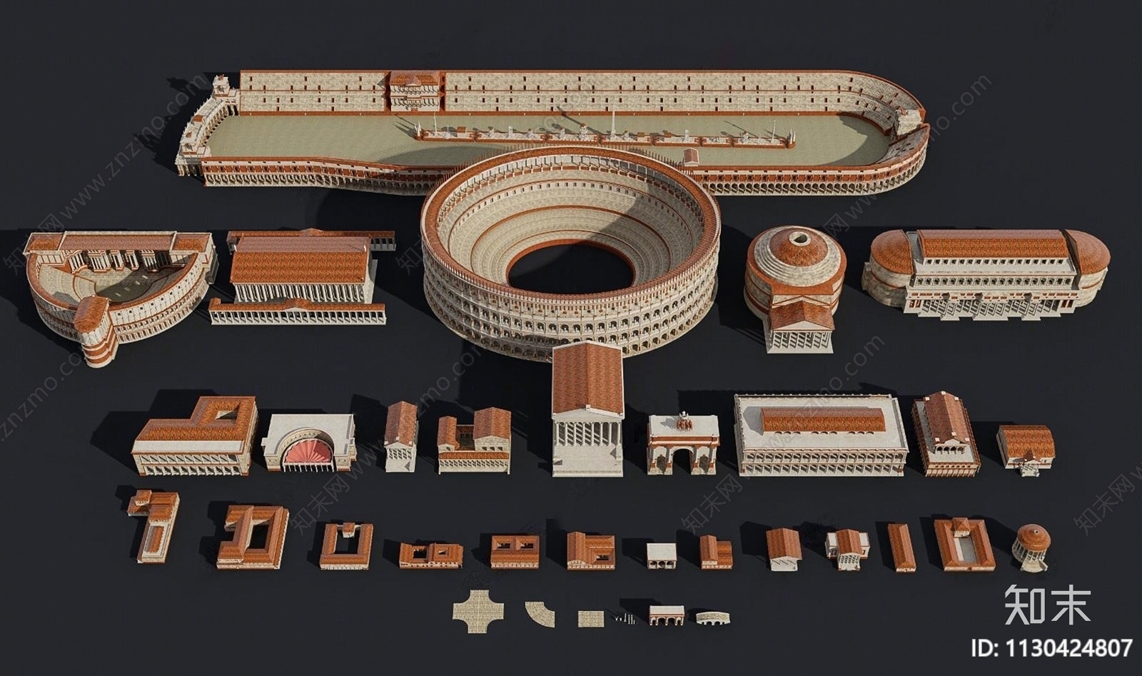 欧式古典希腊罗马竞技场斗兽场建筑组合SU模型下载【ID:1130424807】