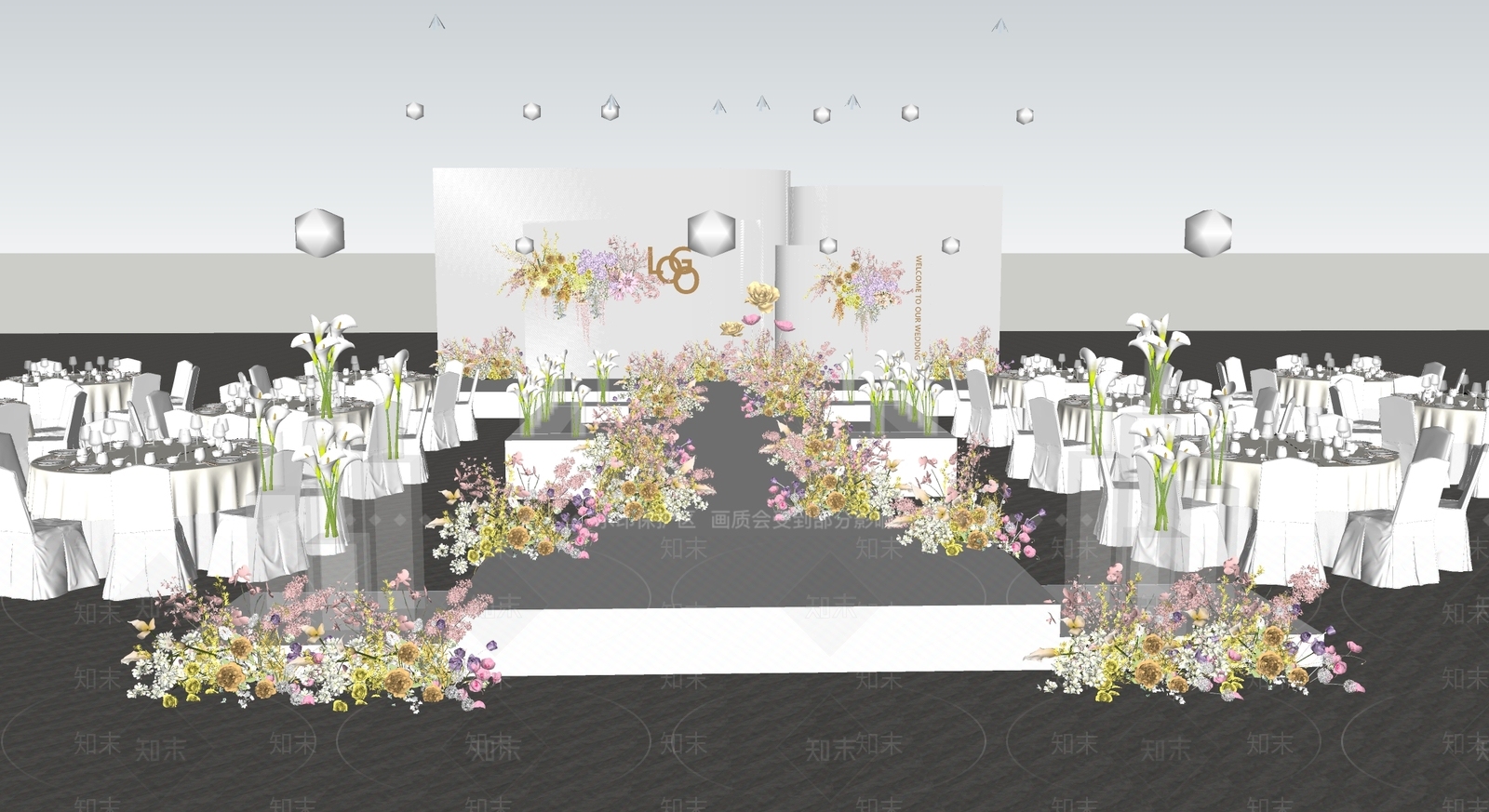 现代白色婚礼酒店宴会厅SU模型下载【ID:1130439026】