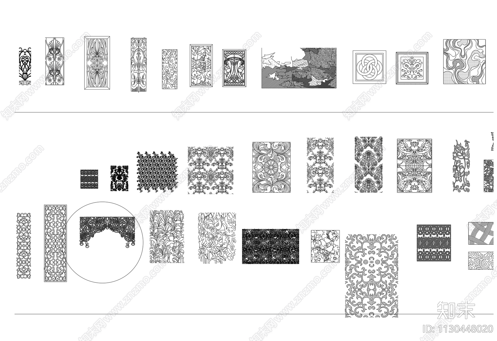 雕刻隔断图案cad施工图下载【ID:1130448020】