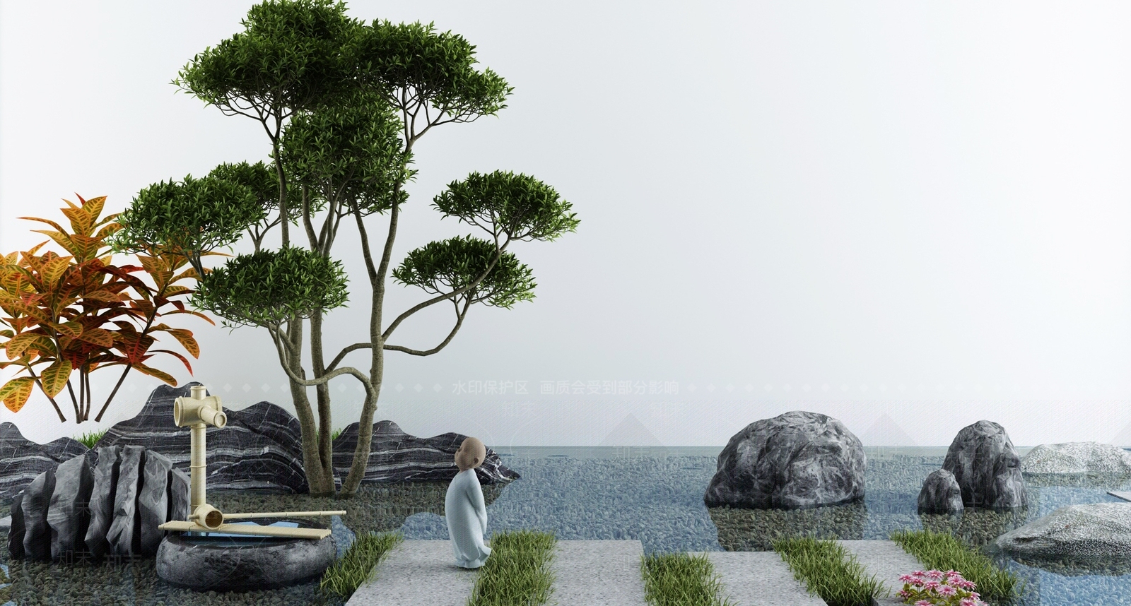 新中式庭院假山水景3D模型下载【ID:1130454961】