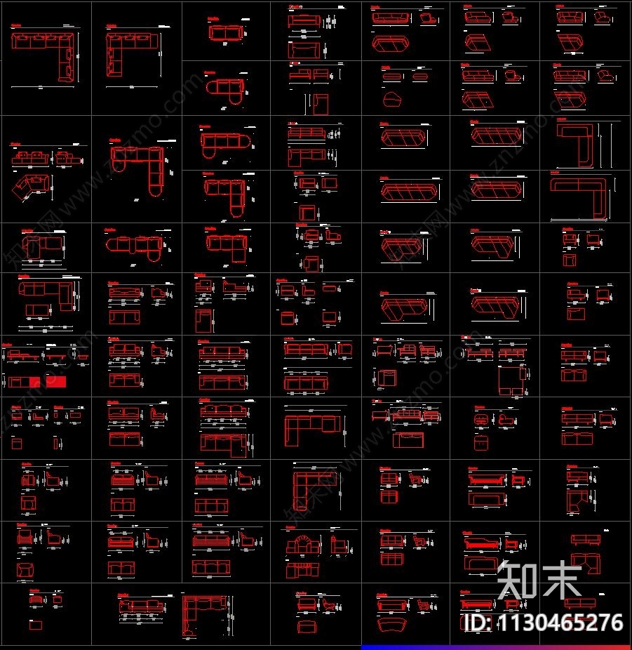 国外家具沙发桌椅平立面施工图下载【ID:1130465276】