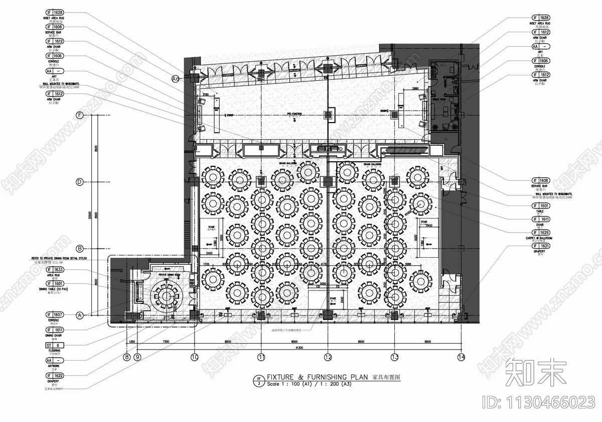 1100㎡宴会厅室内cad施工图下载【ID:1130466023】