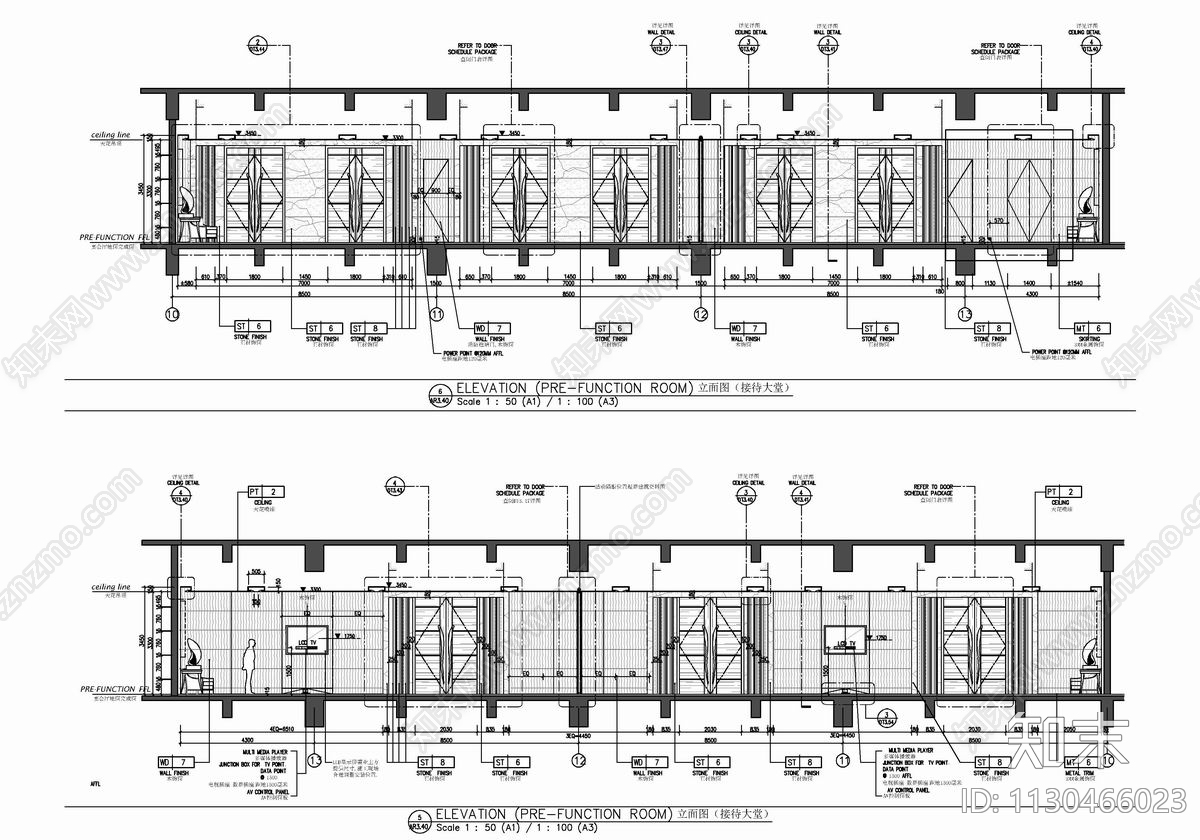 1100㎡宴会厅室内cad施工图下载【ID:1130466023】