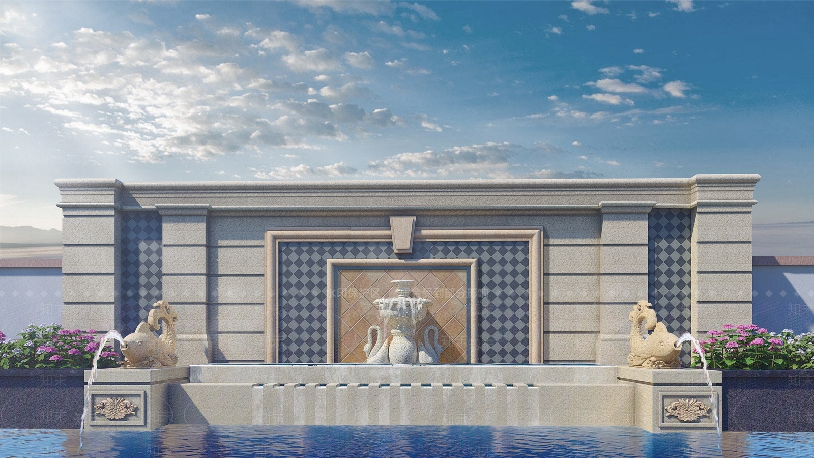 欧式庭院流水景观墙SU模型下载【ID:1130594849】