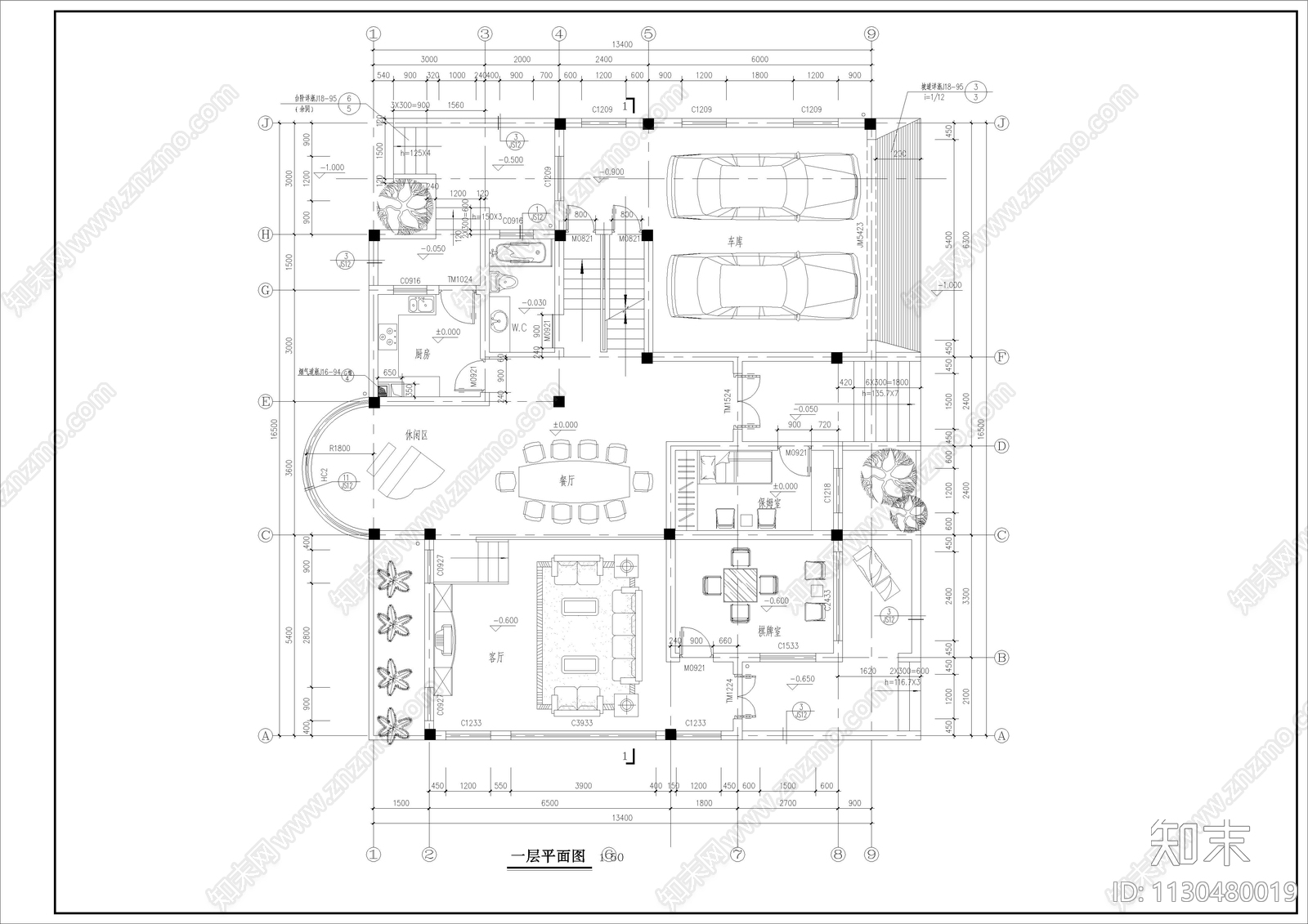 欧式独栋别墅建筑图cad施工图下载【ID:1130480019】