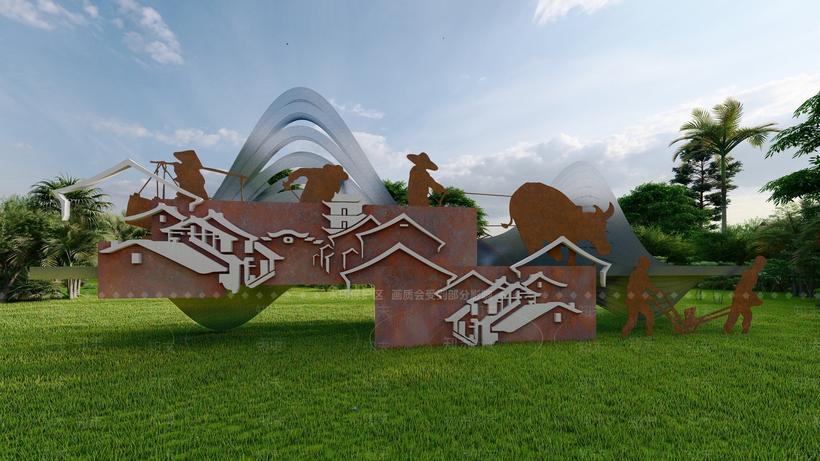 现代乡村山水农耕雕塑小品SU模型下载【ID:1130501527】