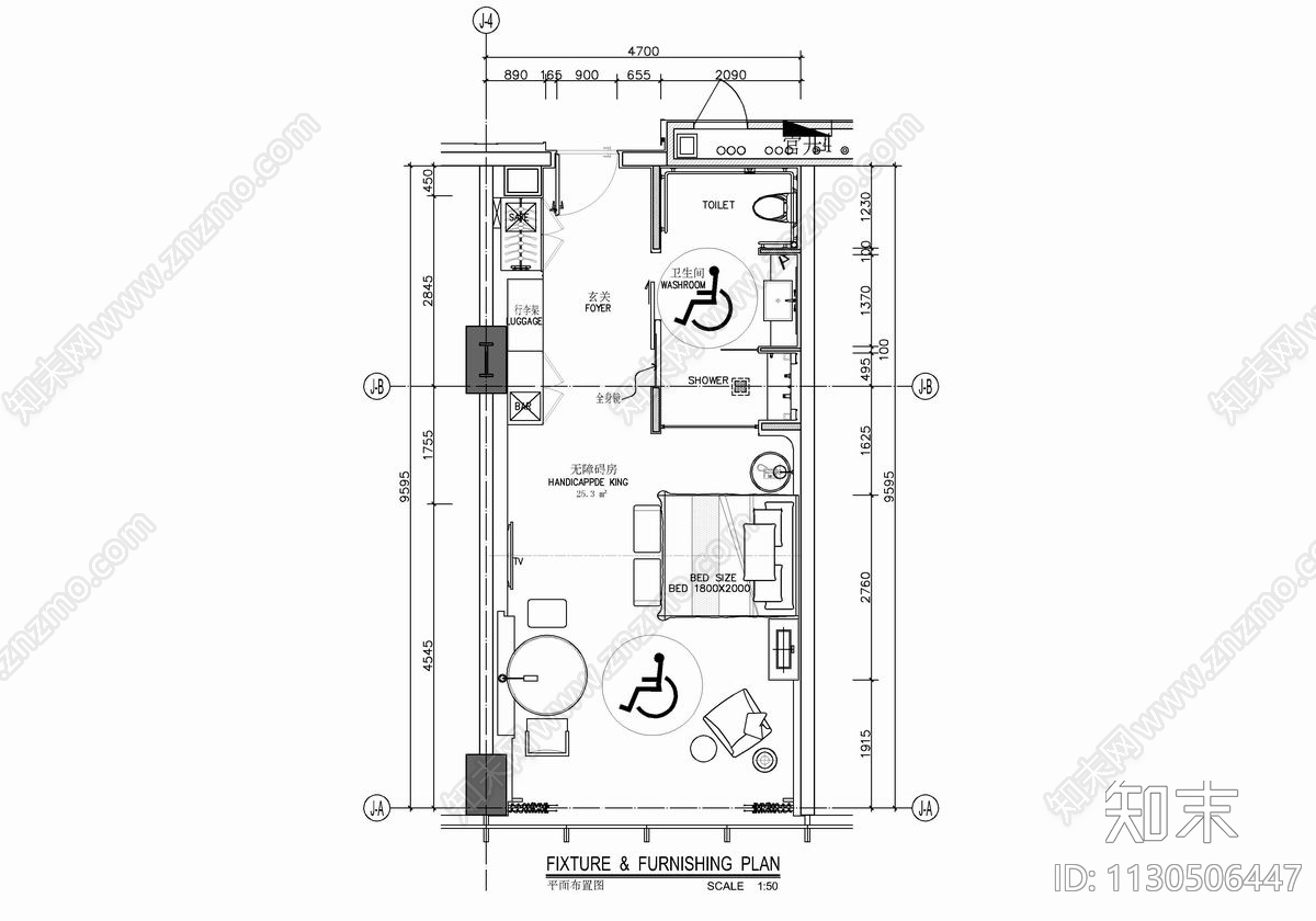 无障碍酒店客房施工图下载【ID:1130506447】