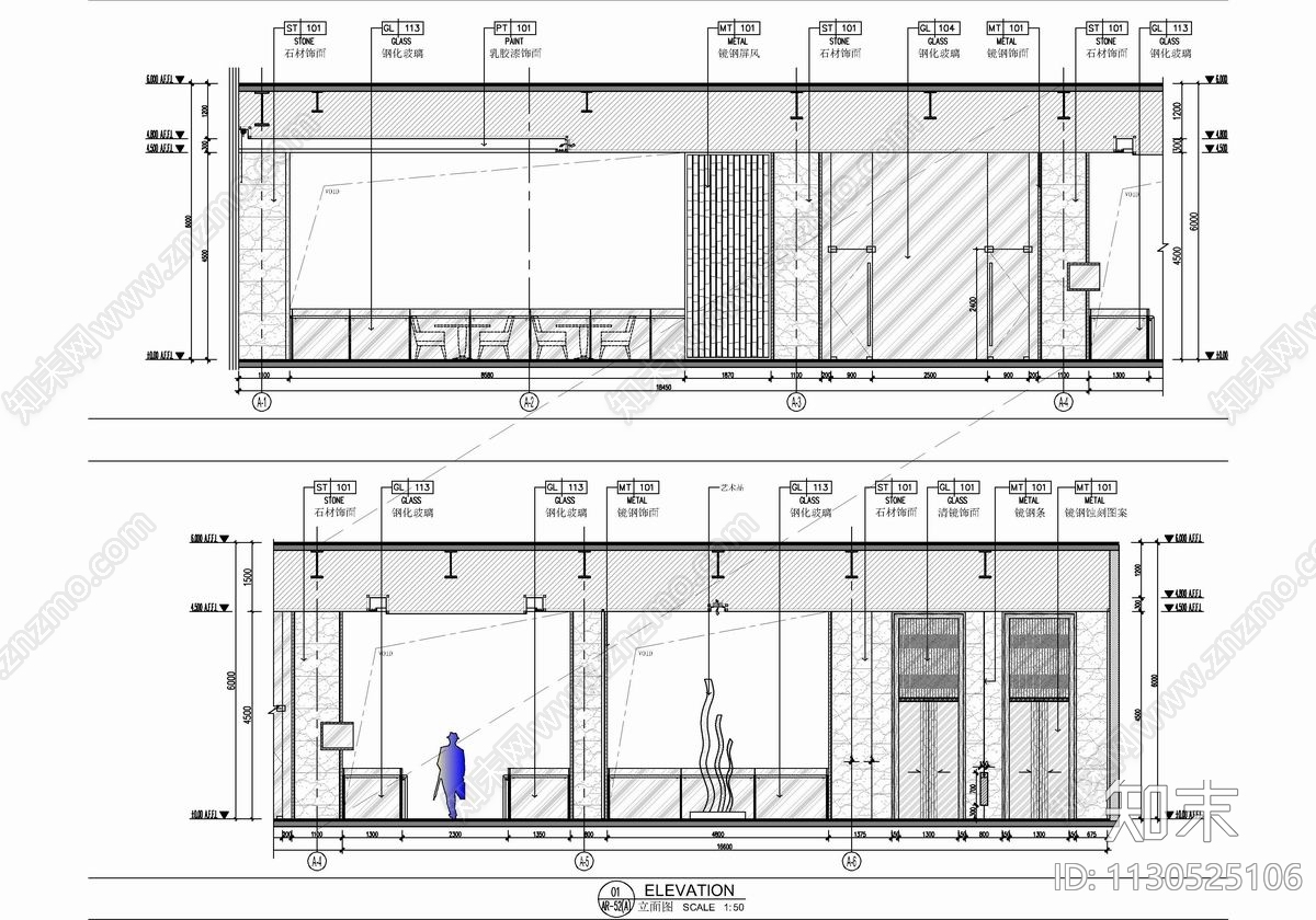 500㎡行政酒廊平立面施工图cad施工图下载【ID:1130525106】