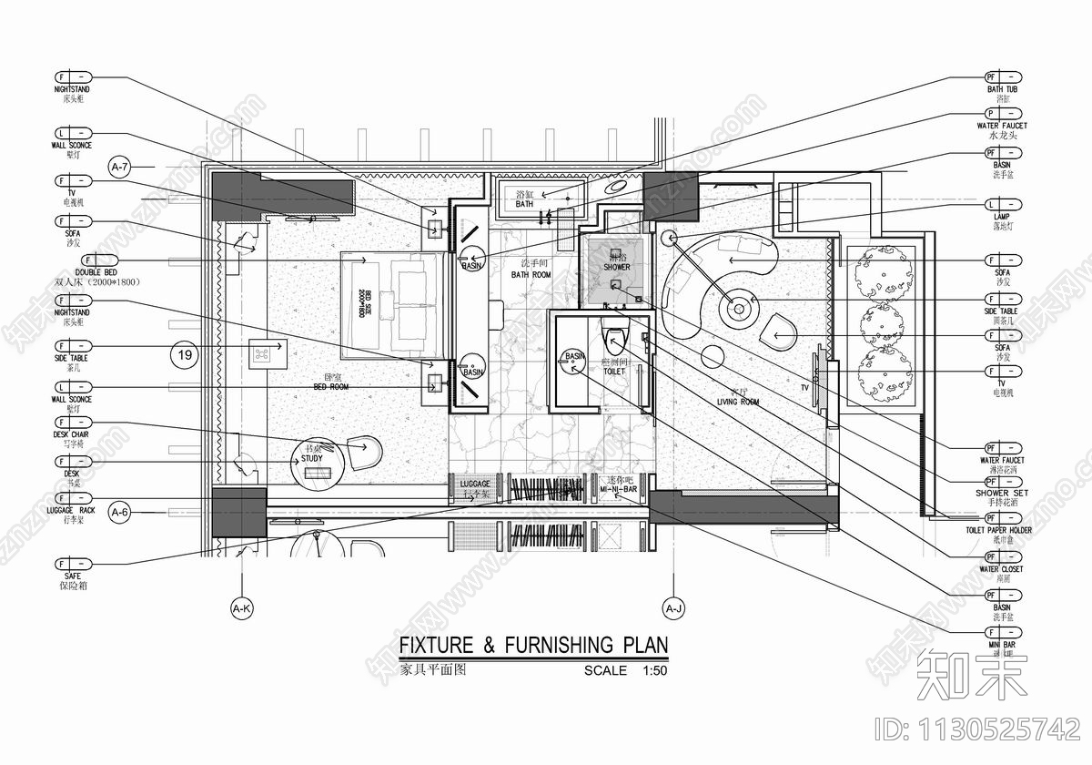 某酒店标准层客房平立面cad施工图下载【ID:1130525742】