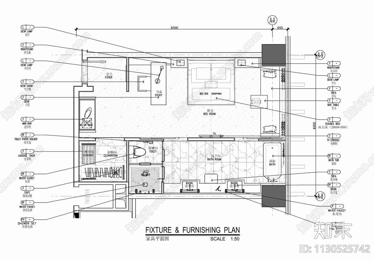 某酒店标准层客房平立面cad施工图下载【ID:1130525742】