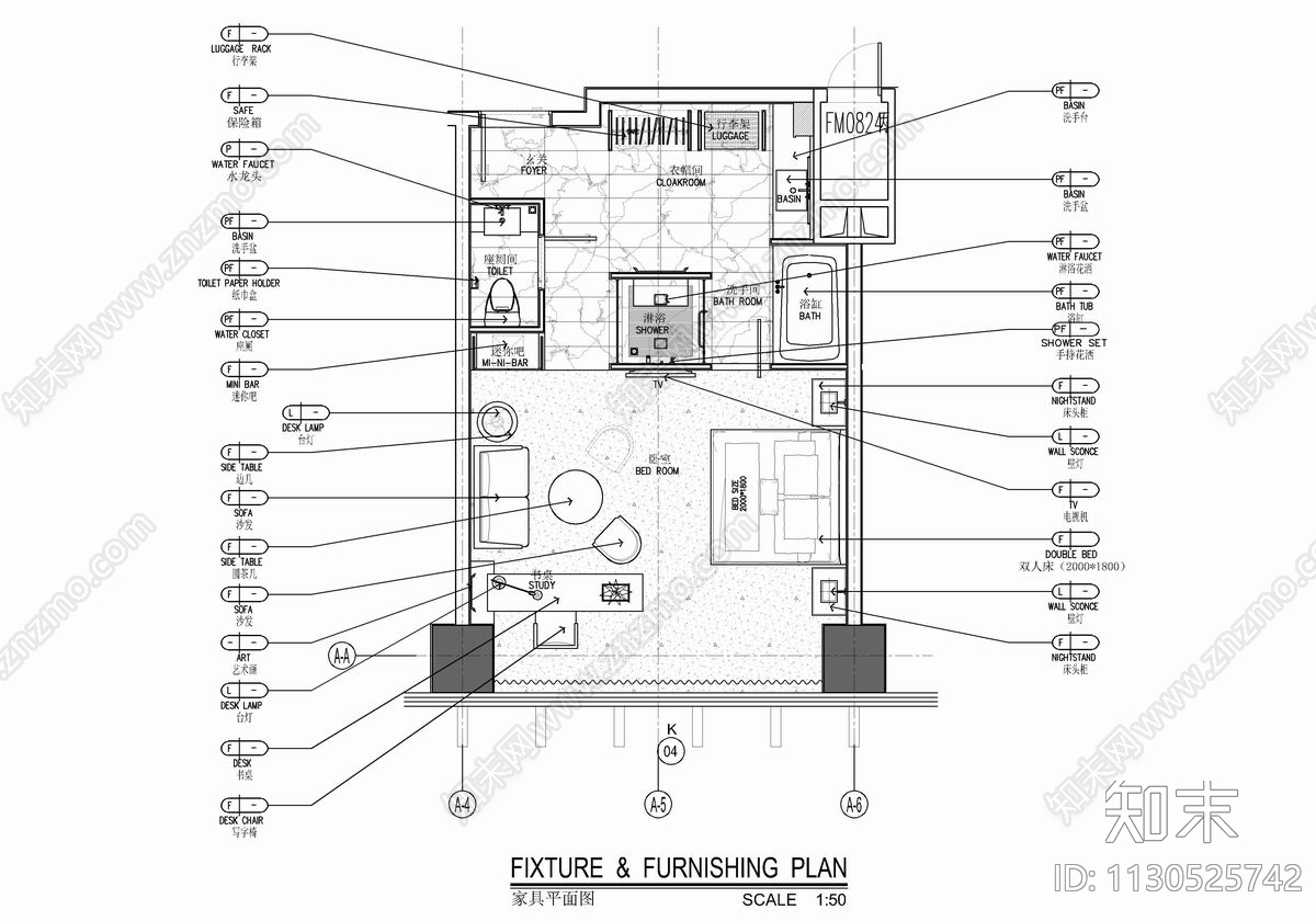 某酒店标准层客房平立面cad施工图下载【ID:1130525742】