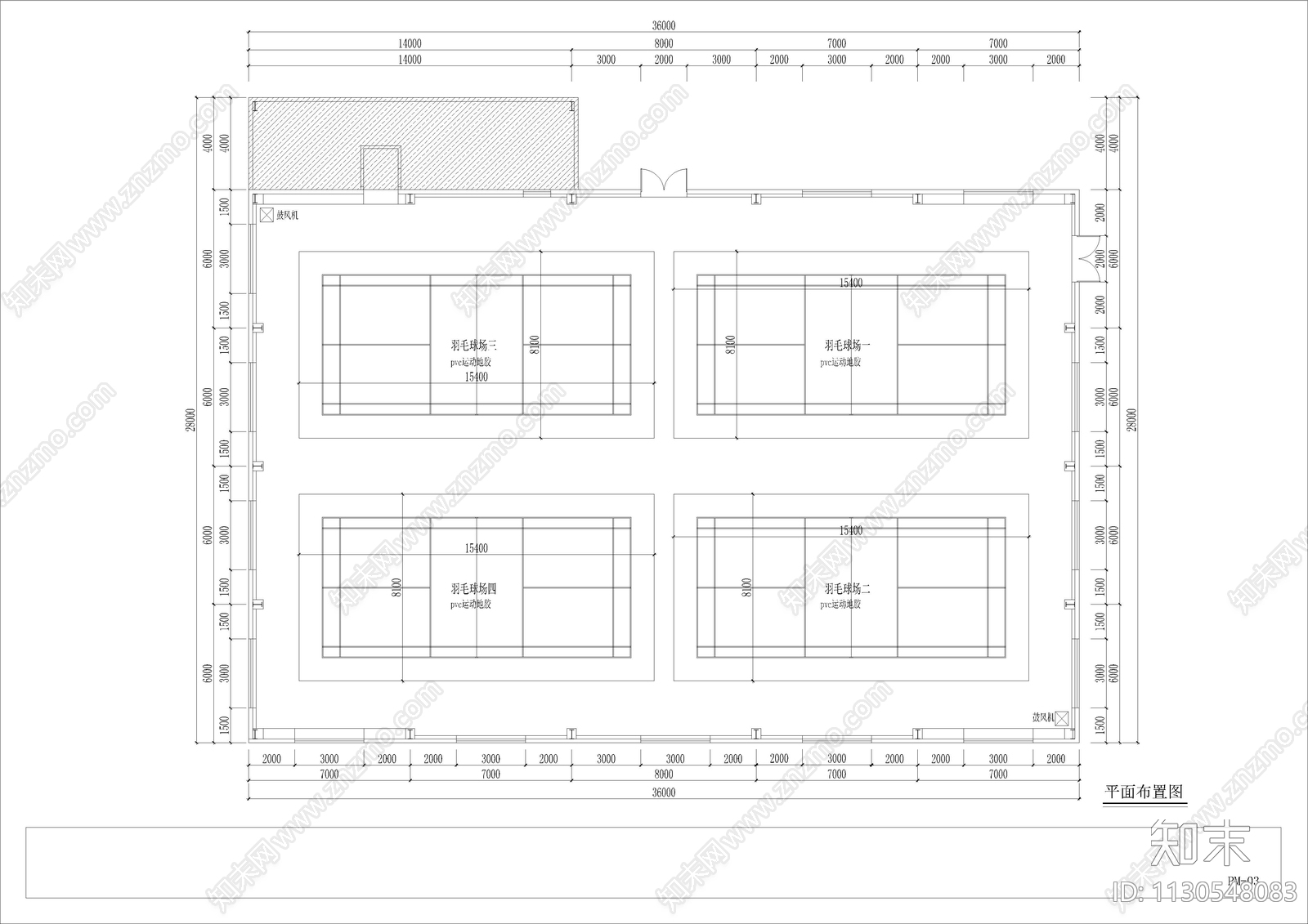 860平羽毛球馆cad施工图下载【ID:1130548083】