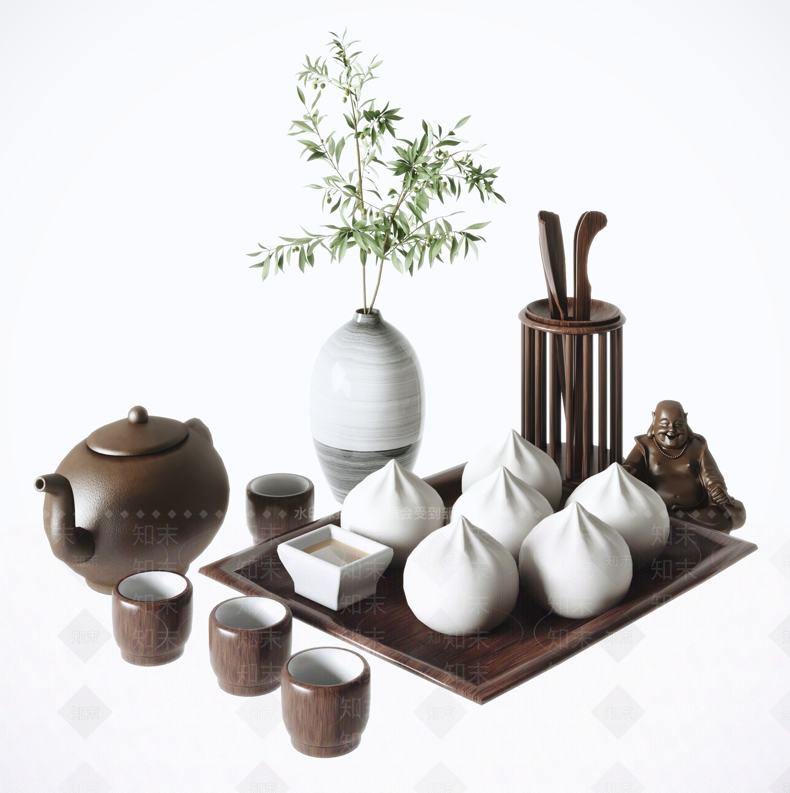 新中式早茶茶具组合3D模型下载【ID:1130551406】