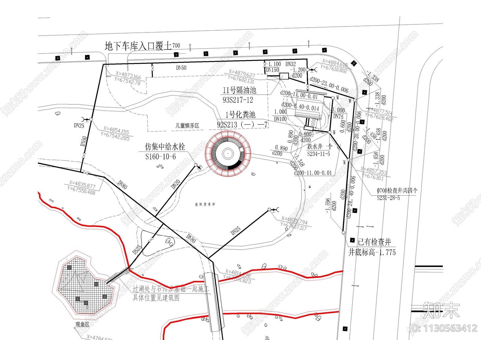 公园给排水平面图施工图下载【ID:1130563412】