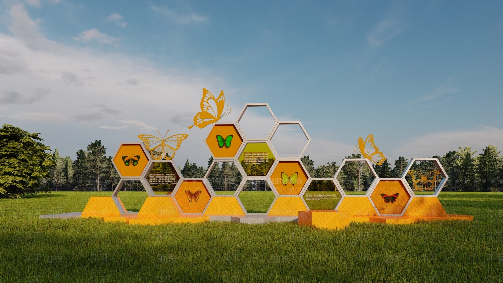 现代科普宣传栏蝴蝶雕塑小品标本SU模型下载【ID:1130595157】