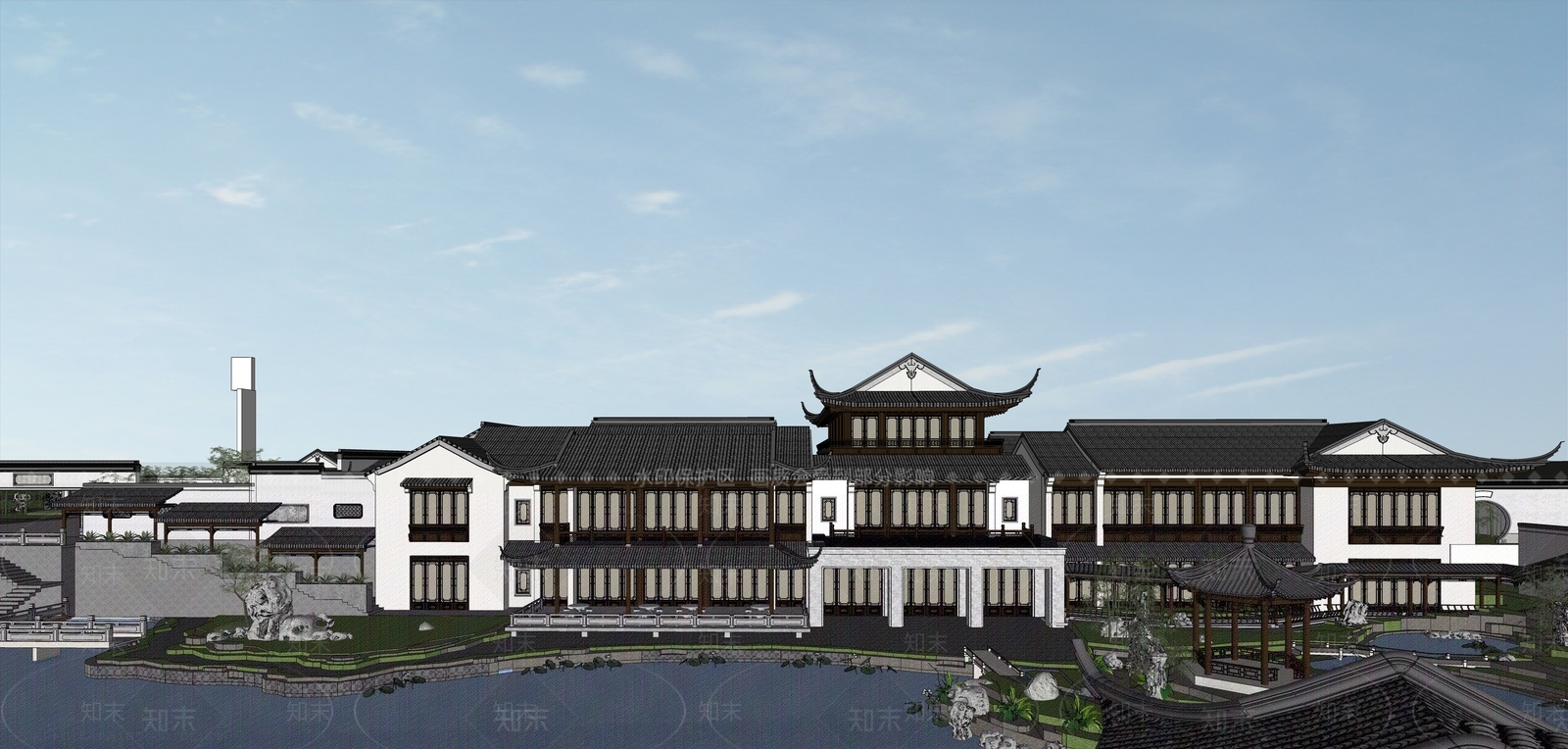 中式合院别墅示范区SU模型下载【ID:1130606056】
