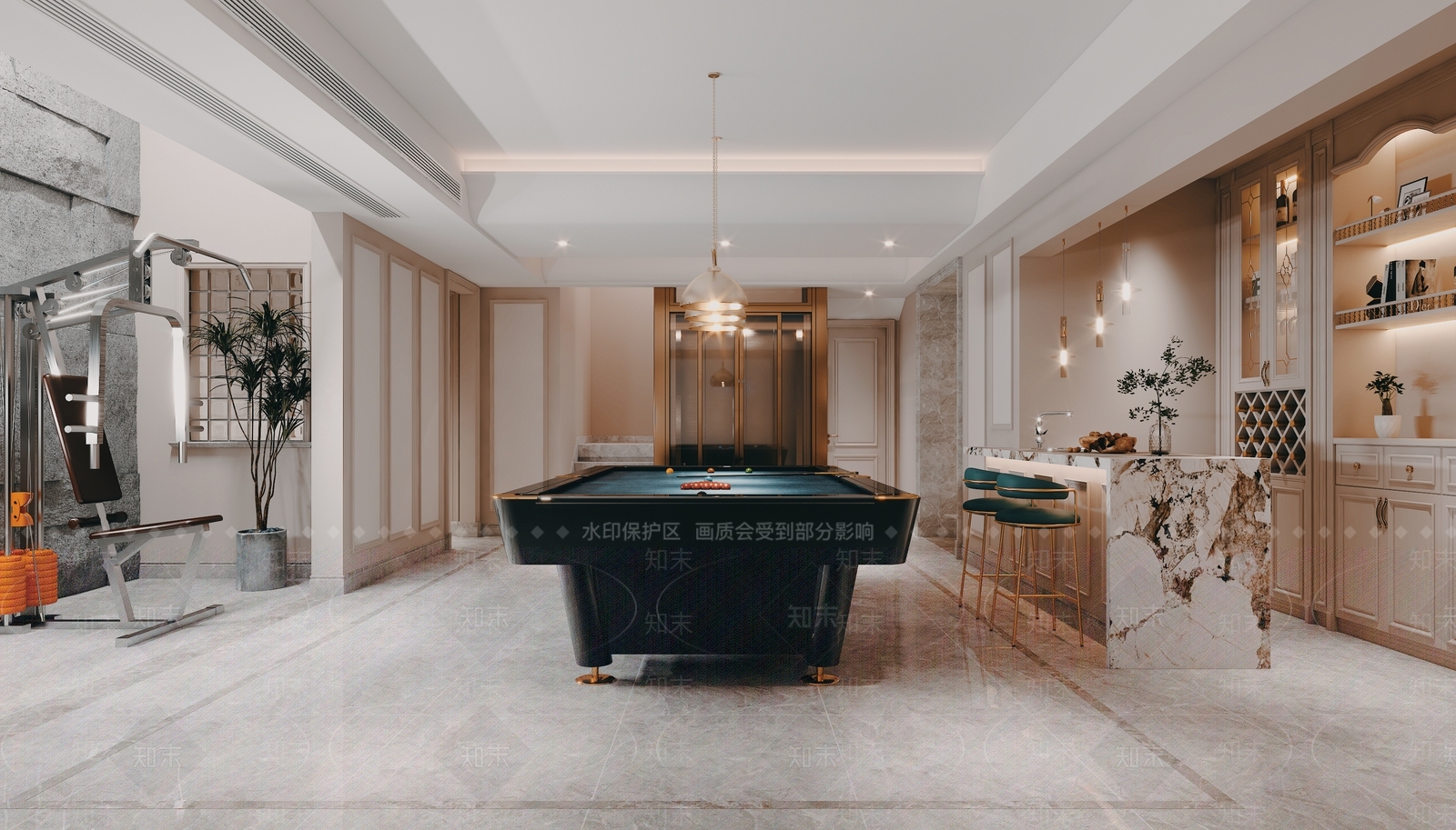 简欧轻奢台球娱乐室3D模型下载【ID:1130611581】