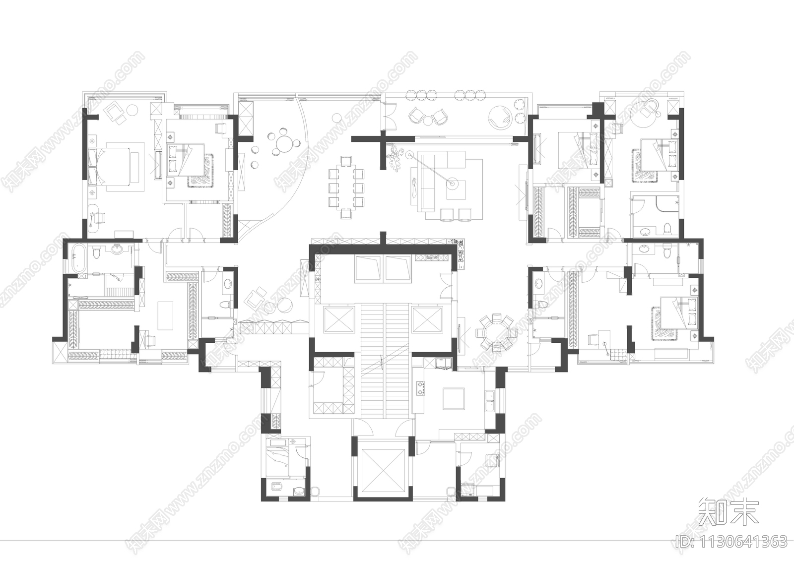 大平层别墅室内平面布置图施工图下载【ID:1130641363】