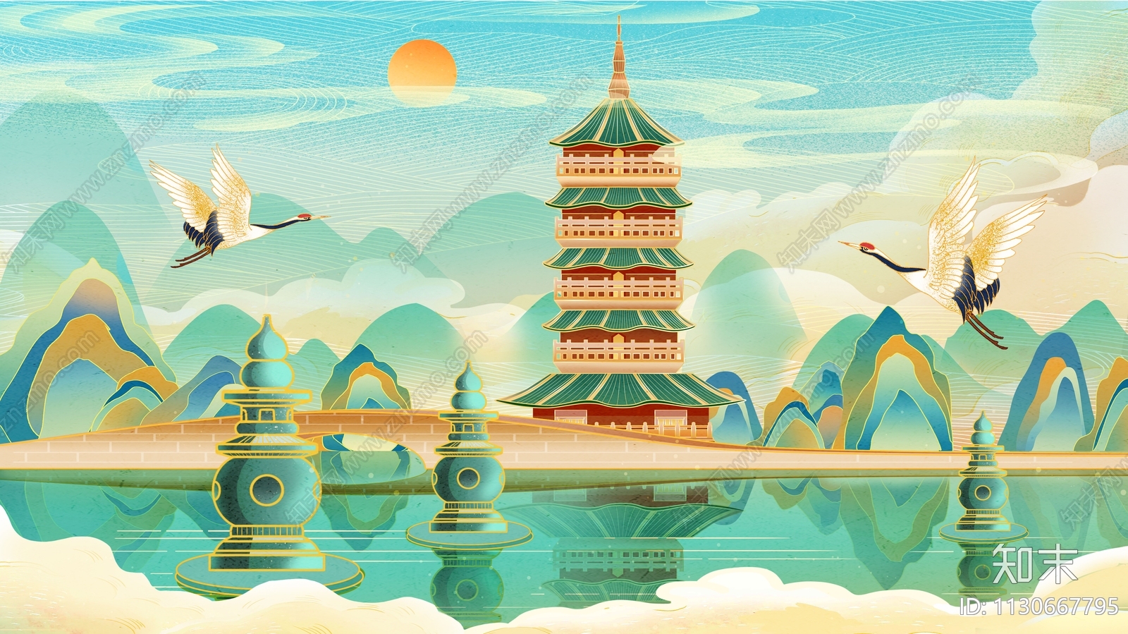 插画风古风建筑景观装饰画贴图下载【ID:1130667795】_【知末网贴图库】