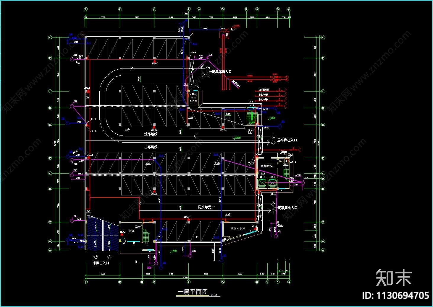 七层停车库给排水和消防cad施工图下载【ID:1130694705】