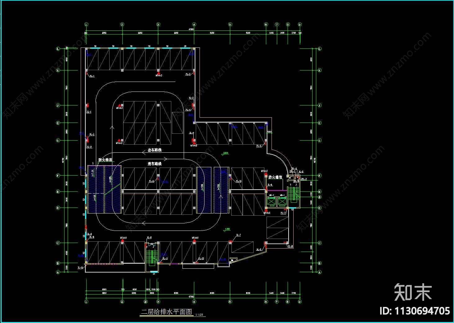 七层停车库给排水和消防cad施工图下载【ID:1130694705】