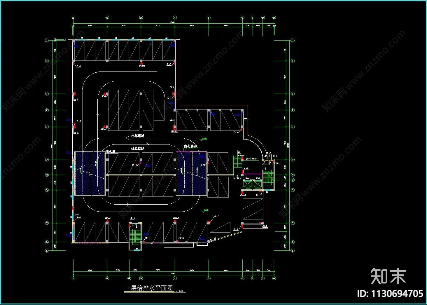 七层停车库给排水和消防cad施工图下载【ID:1130694705】