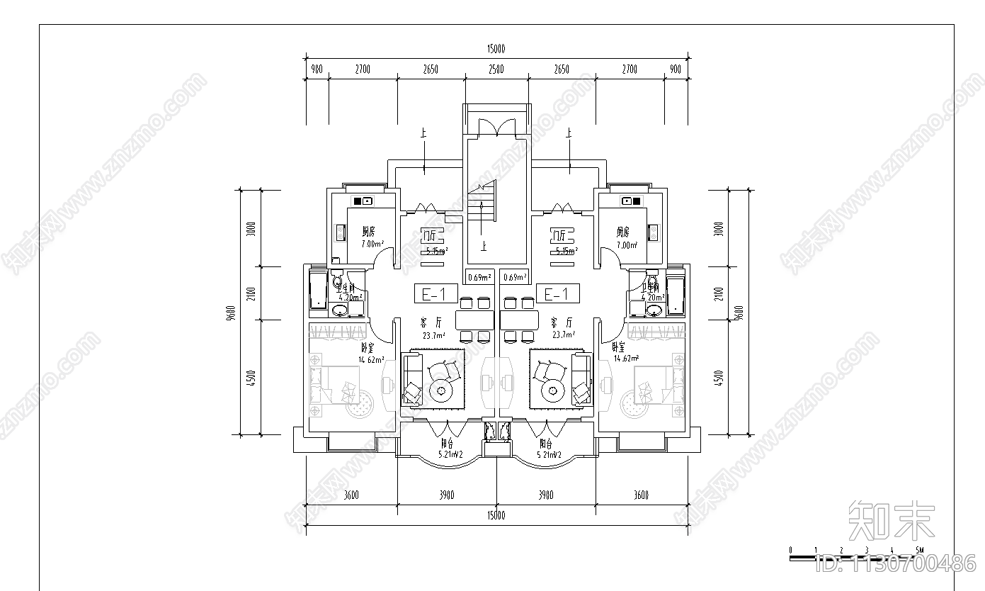 复式房型平面图施工图下载【ID:1130700486】