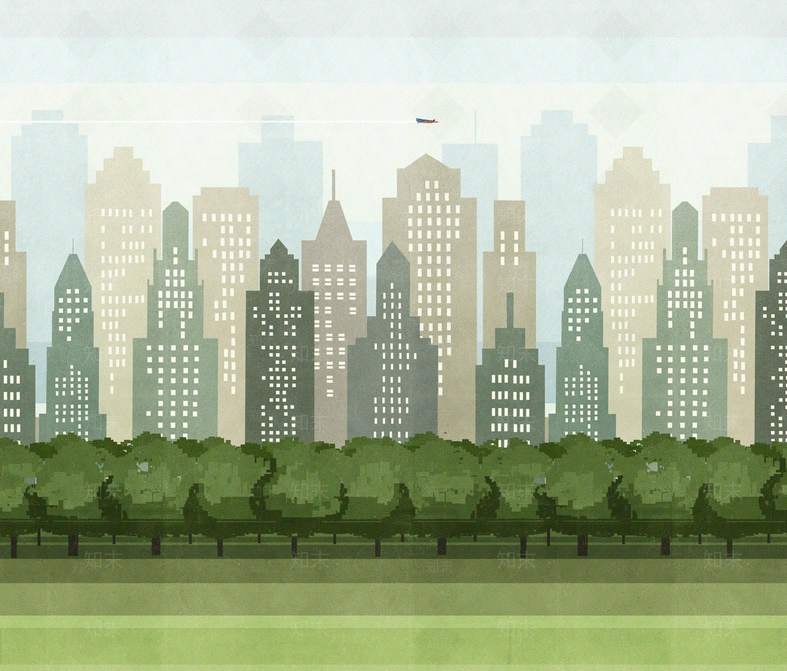 黄绿色插画城市建筑卡通壁画贴图下载【ID:1130750796】