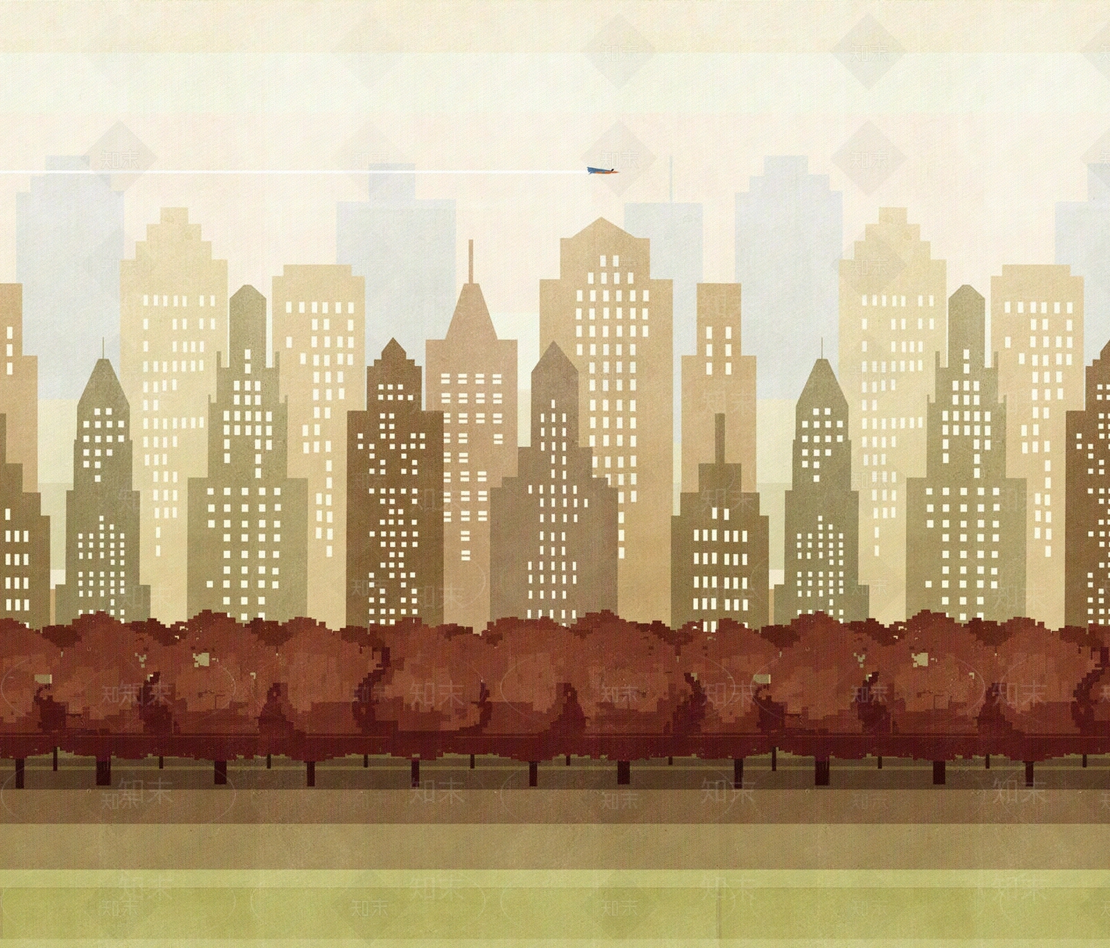 黄灰色插画城市建筑卡通壁画贴图下载【ID:1130750768】