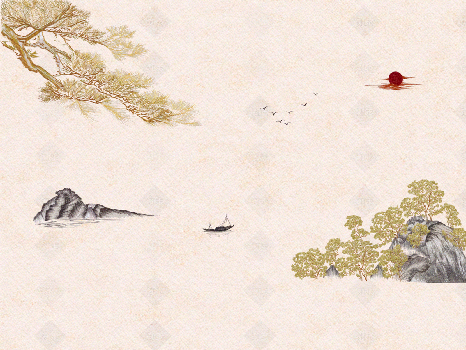 中式山水松树帆船扶摇直上壁画贴图下载【ID:1130750806】