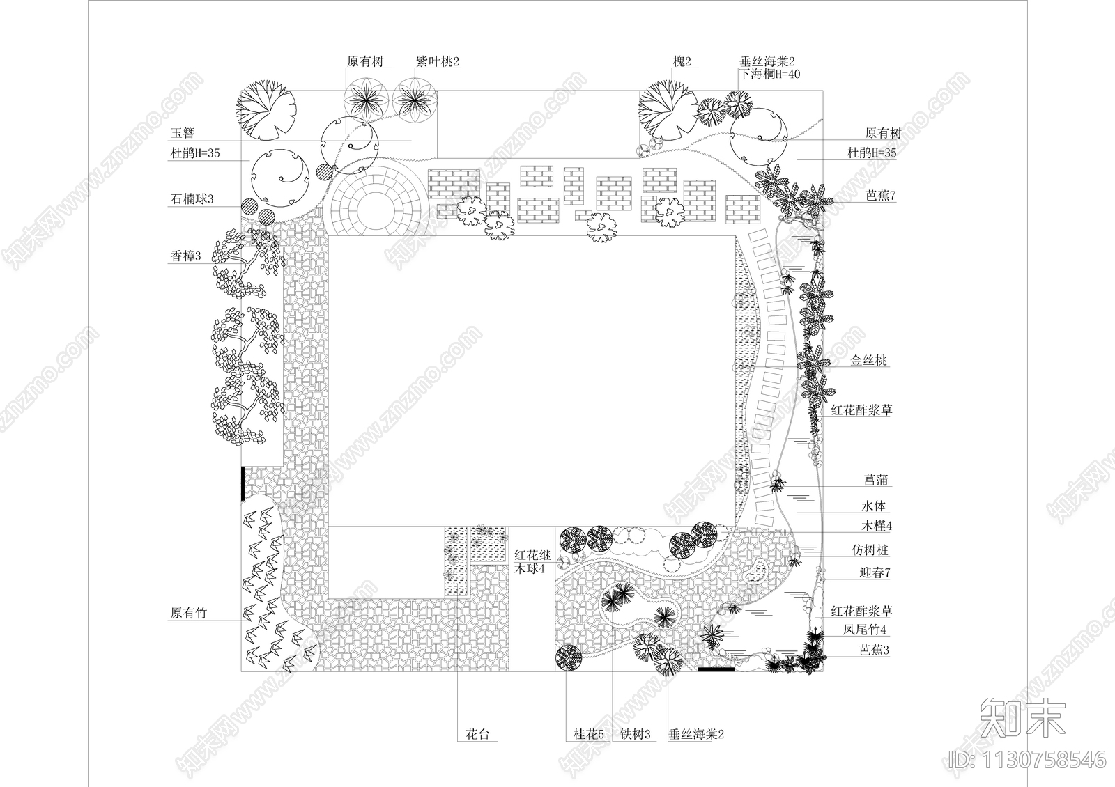 别墅庭院景观绿化设计平面图cad施工图下载【ID:1130758546】