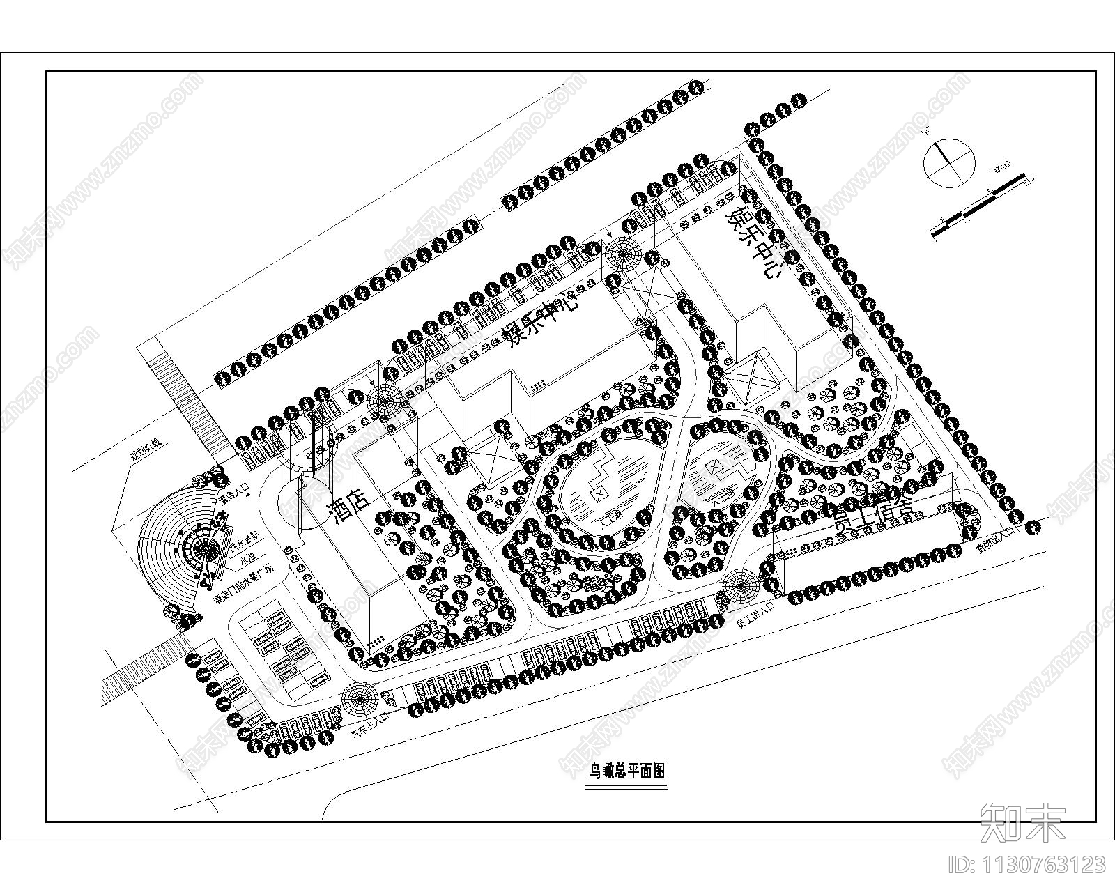 四星级酒店建筑总规划平面施工图下载【ID:1130763123】