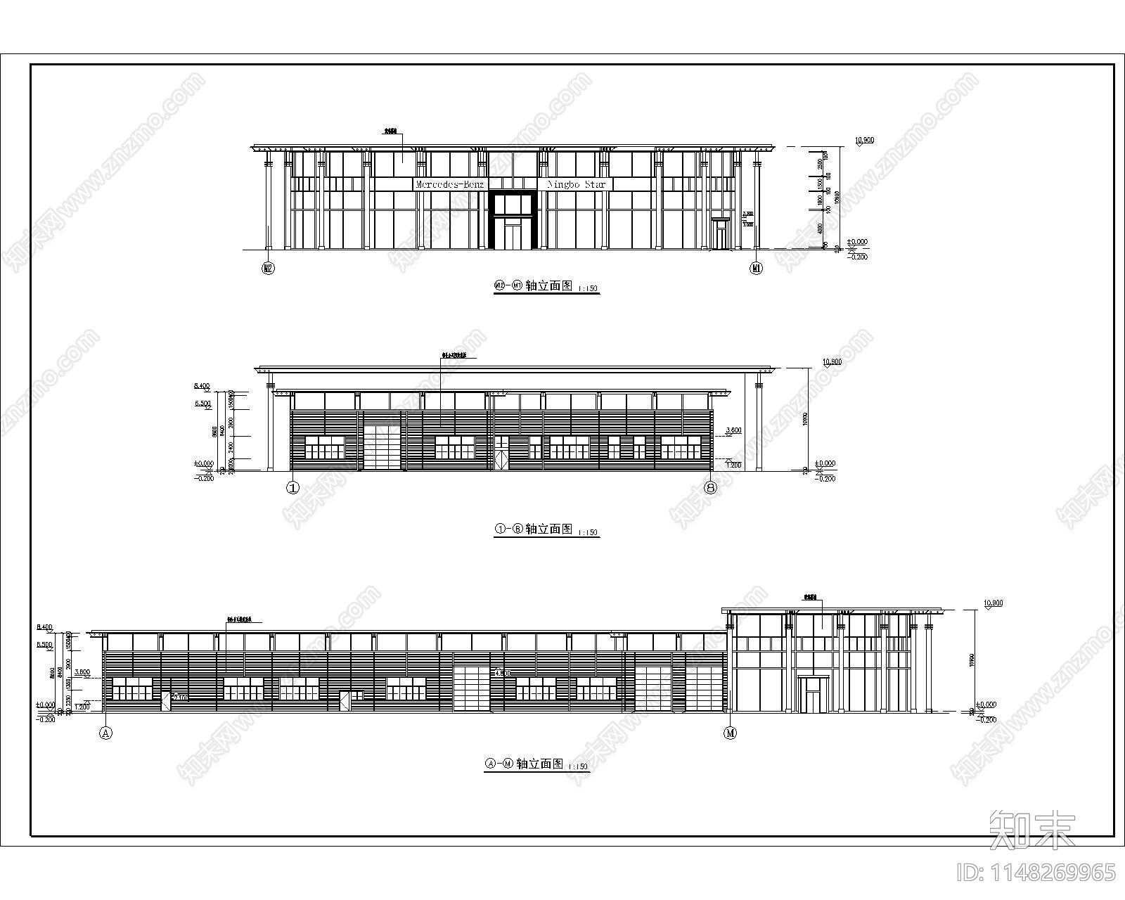 奔驰4s店建筑cad施工图下载【ID:1148269965】