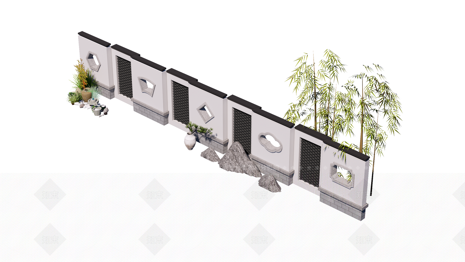 新中式景观围墙景墙植物竹子SU模型下载【ID:1130831030】