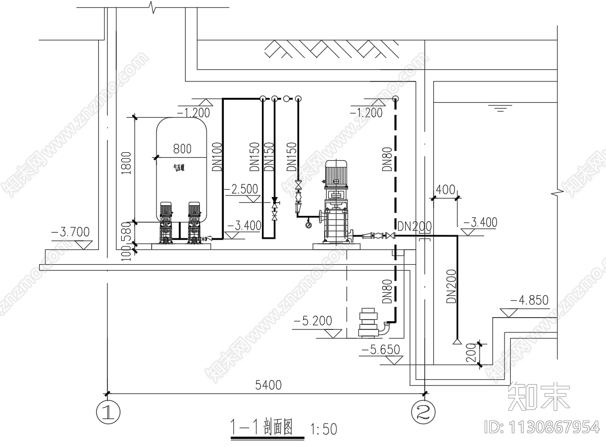 消防水泵房平面剖面图cad施工图下载【ID:1130867954】