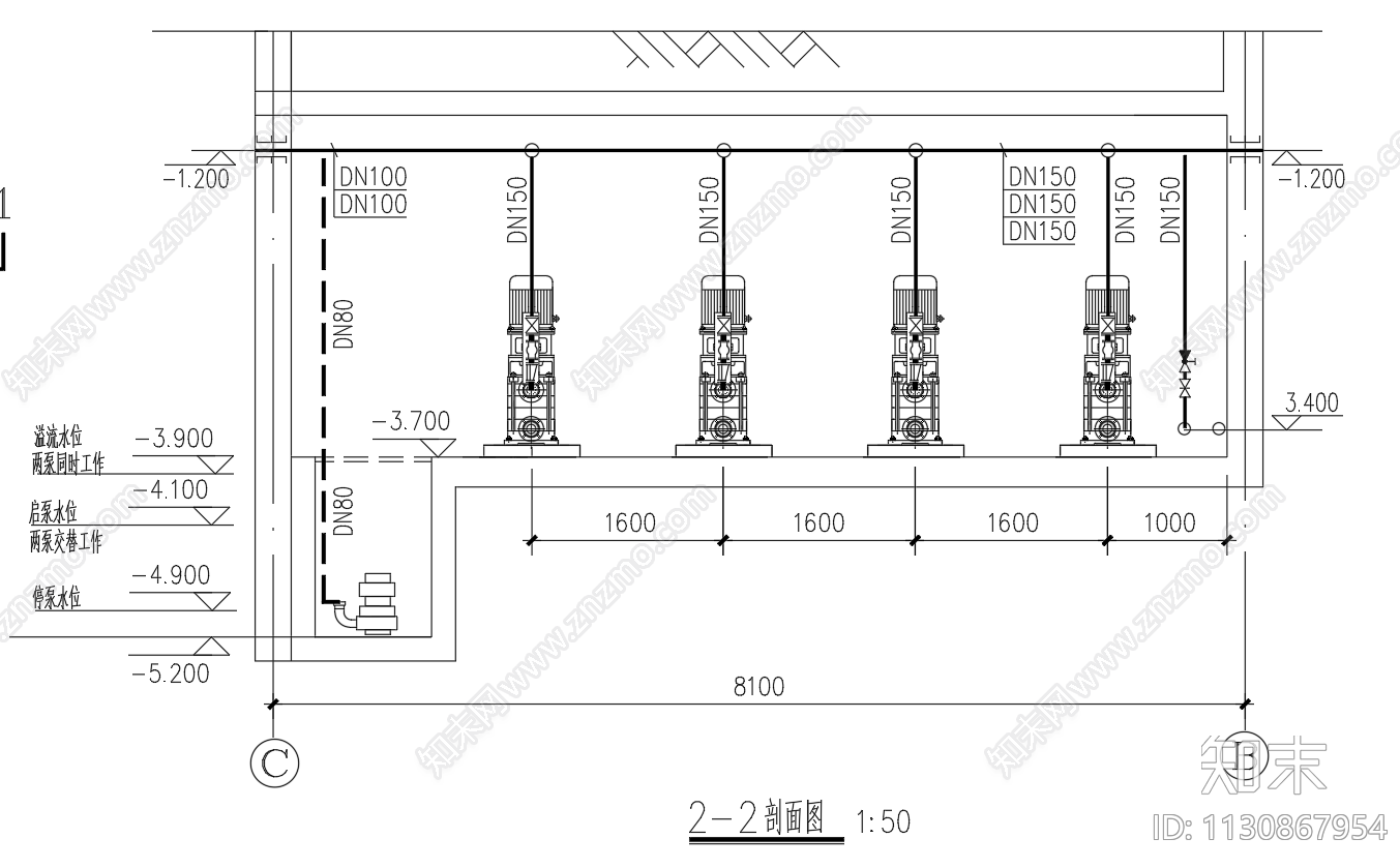 消防水泵房平面剖面图cad施工图下载【ID:1130867954】