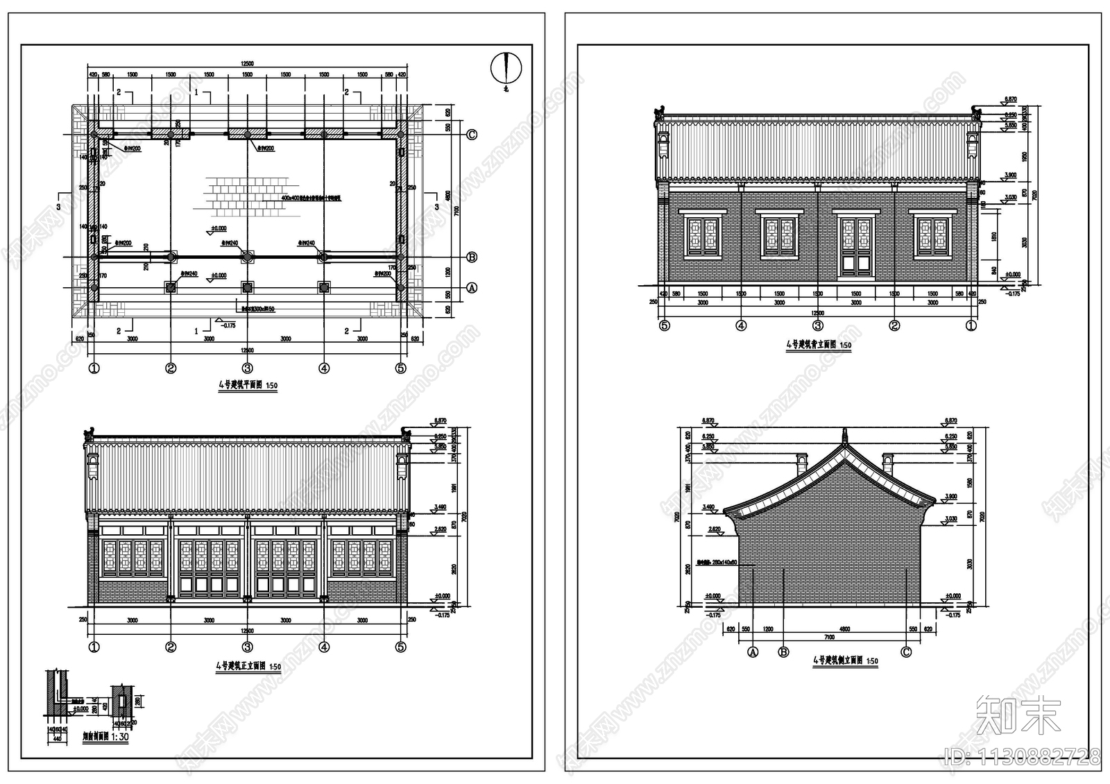 四合院建筑cad施工图下载【ID:1130882728】