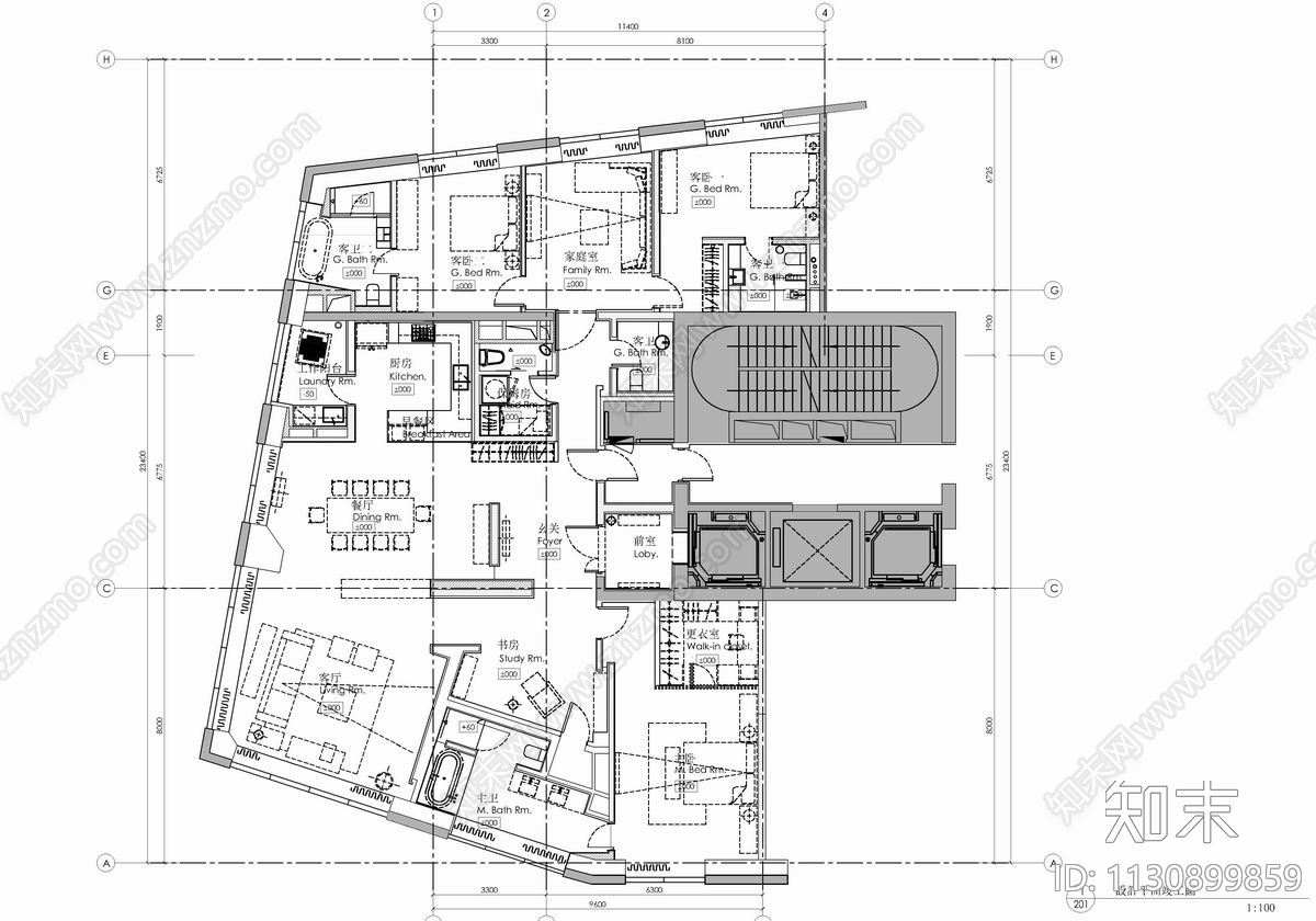 300㎡大平层样板房cad施工图下载【ID:1130899859】