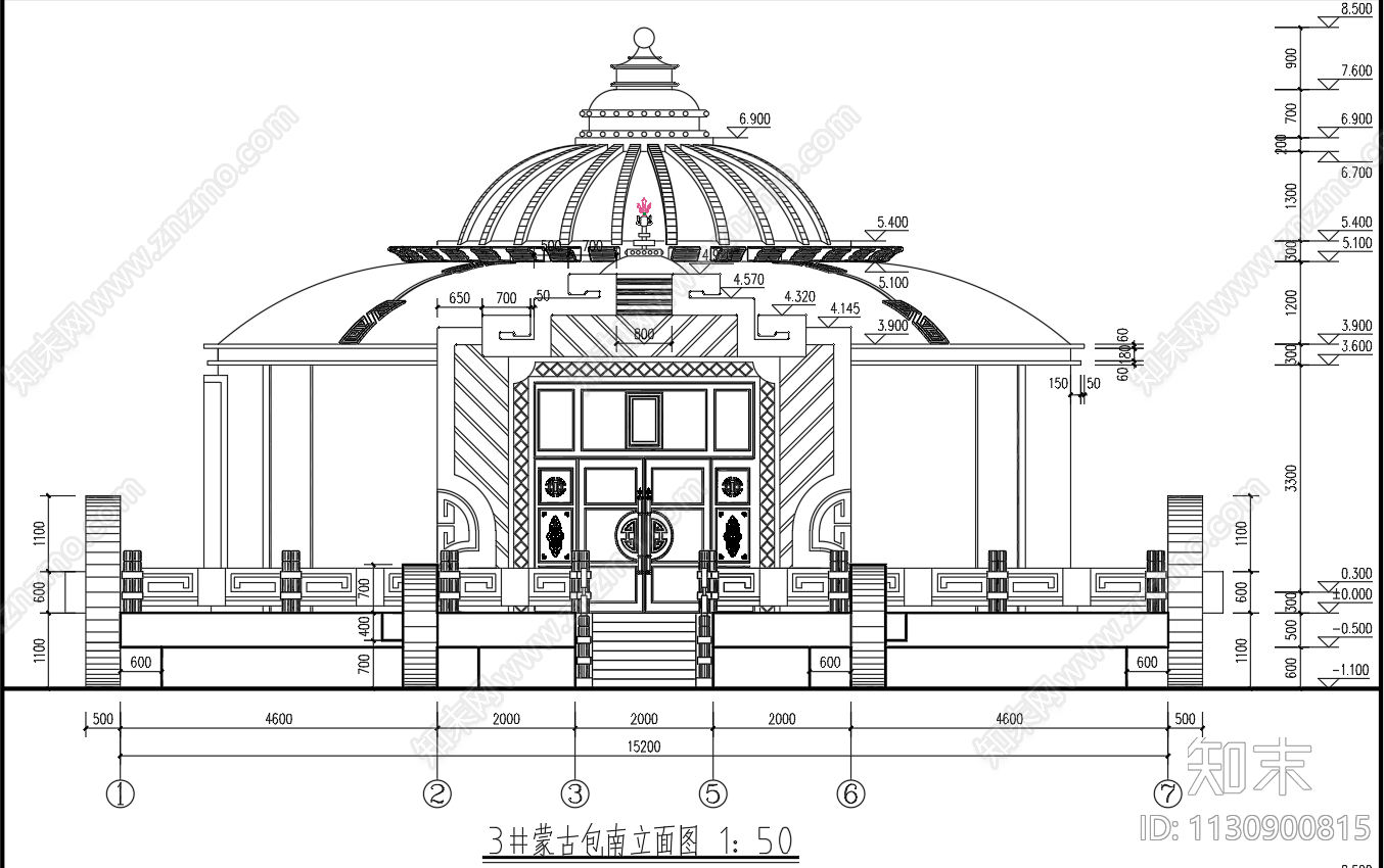 蒙古包平面剖面立面图施工图下载【ID:1130900815】