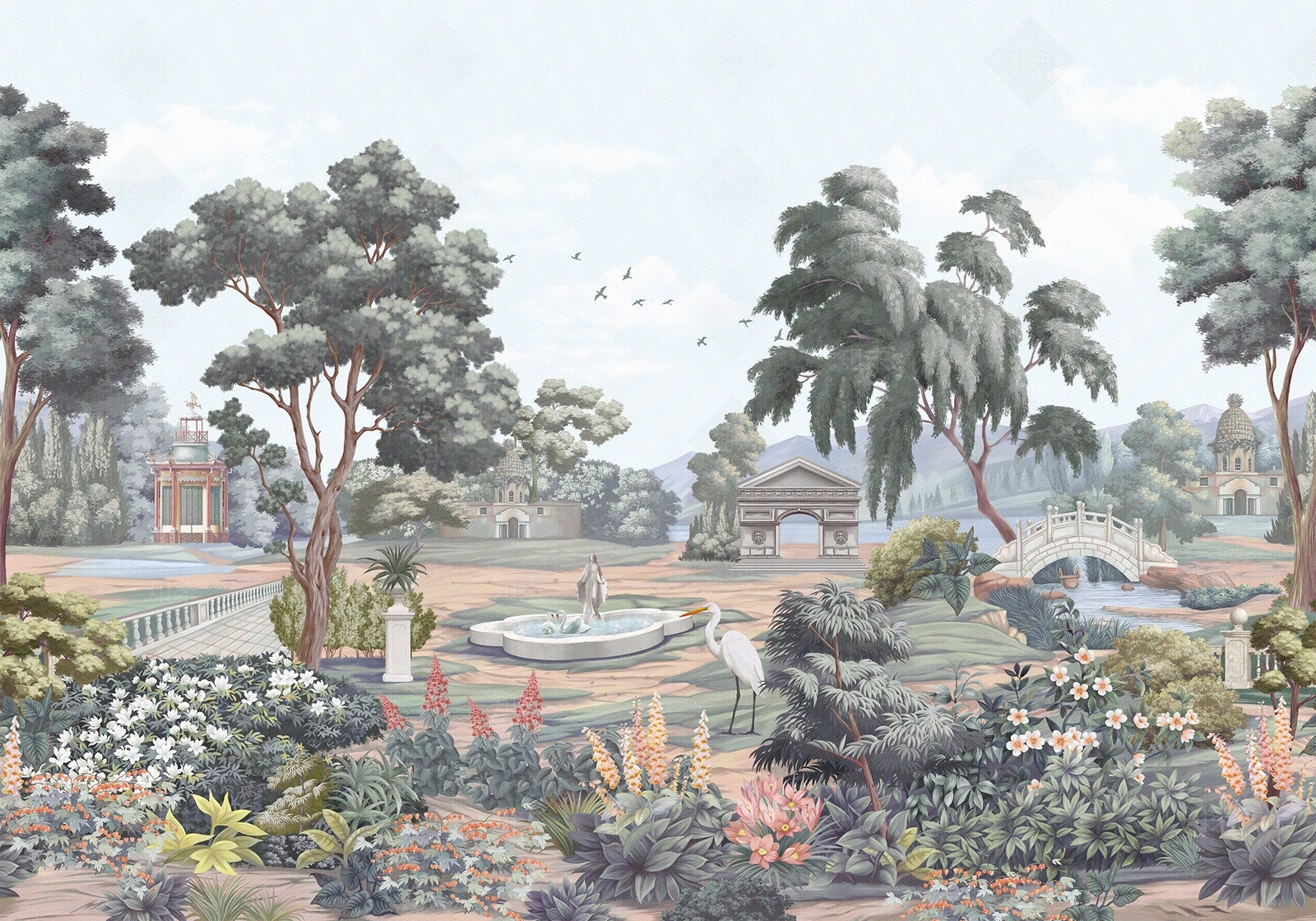 欧式复古庄园风景植物壁纸墙布壁画贴图下载【ID:1130914166】