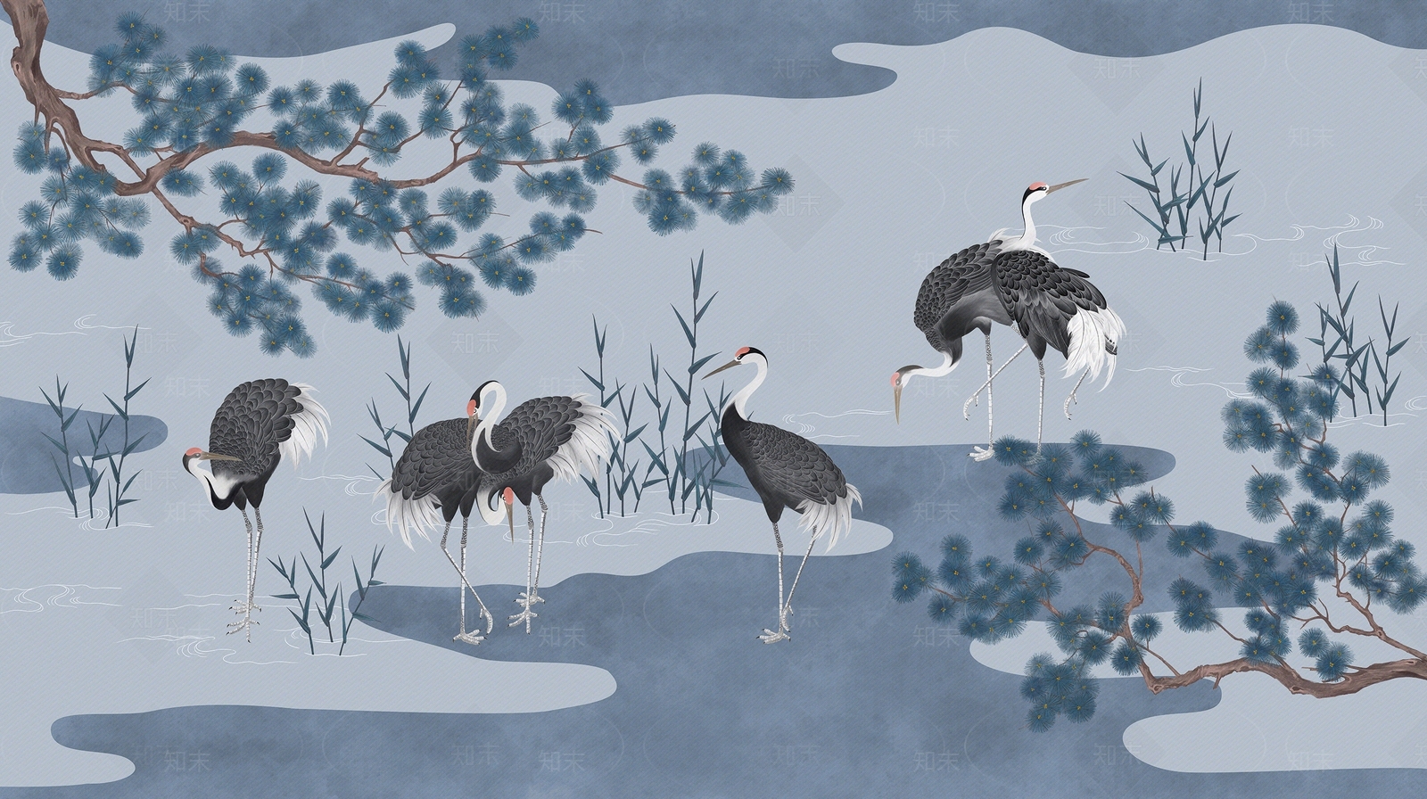 新中式仙鹤装饰背景墙布壁纸贴图下载【ID:1130919169】