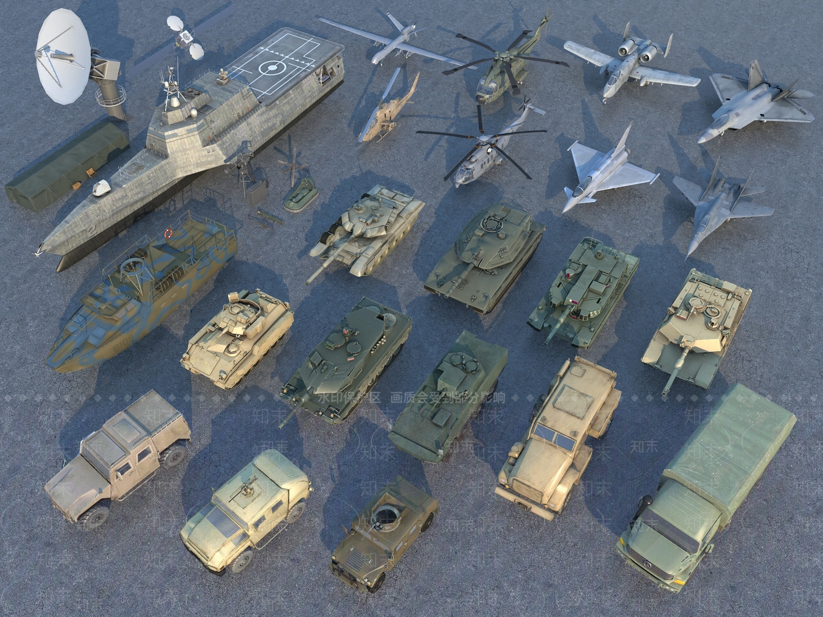 军用坦克飞机组合SU模型下载【ID:1130932453】