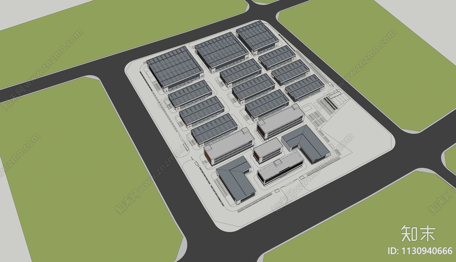 现代风格标准化厂房SU模型下载【ID:1130940666】