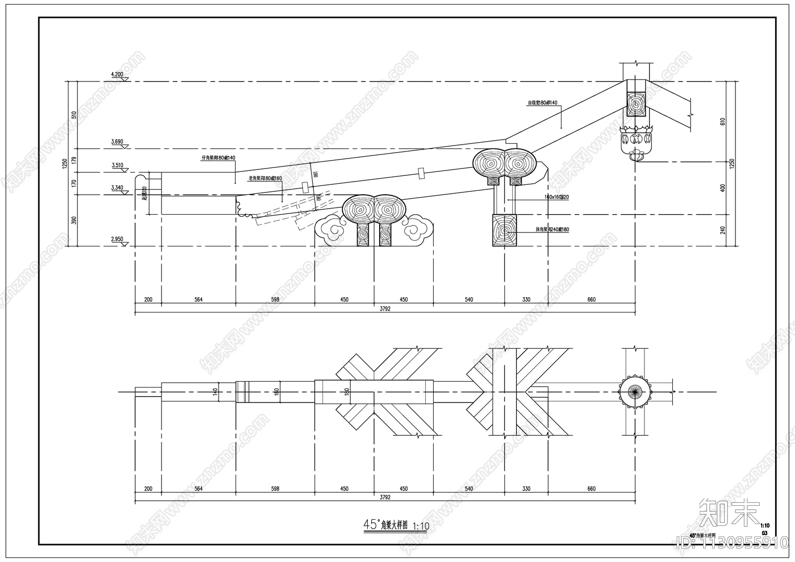 古建筑四角亭全套大样图cad施工图下载【ID:1130955910】